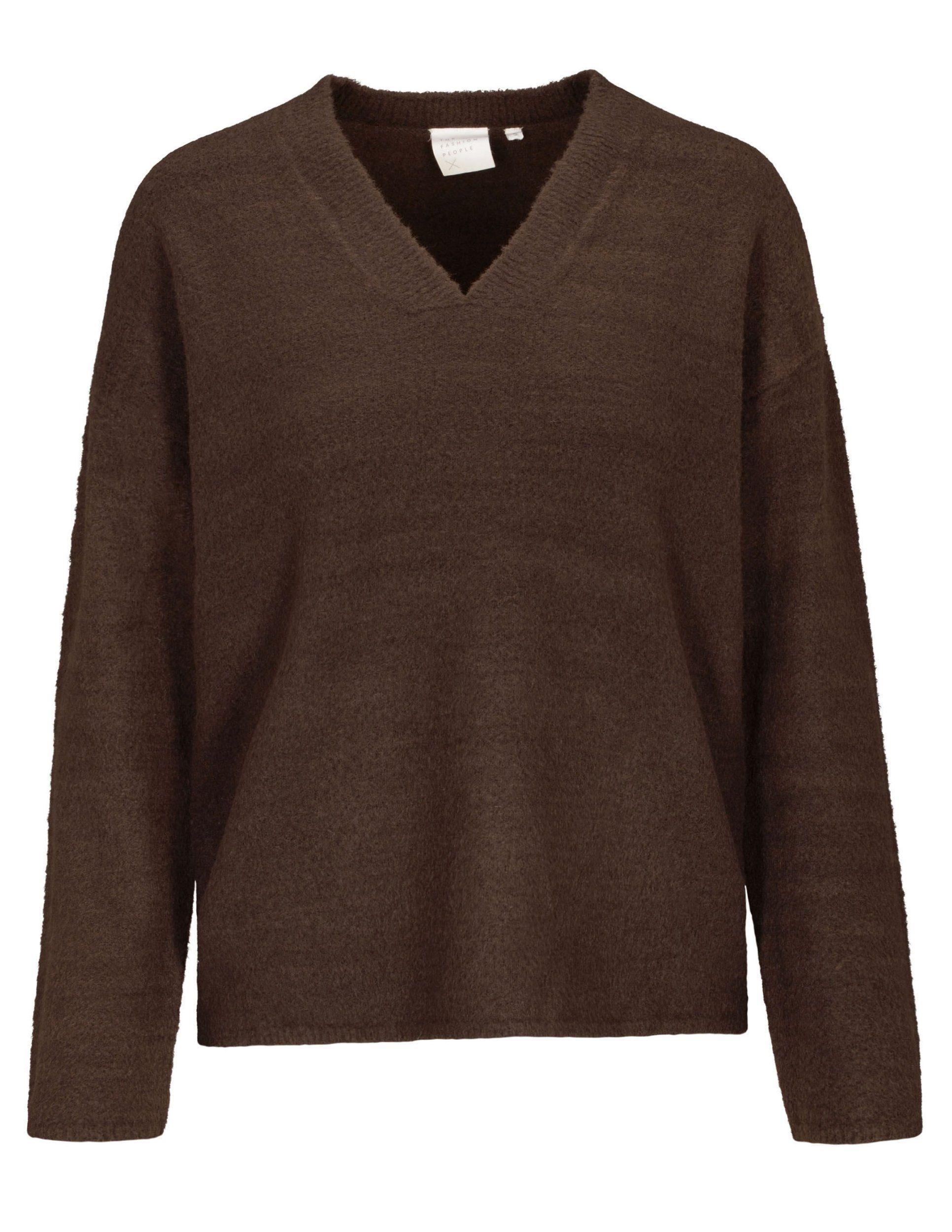 V-Neck, PEOPLE CHOCOLATE knitted DARK Kurzarmpullover Soft FASHION THE