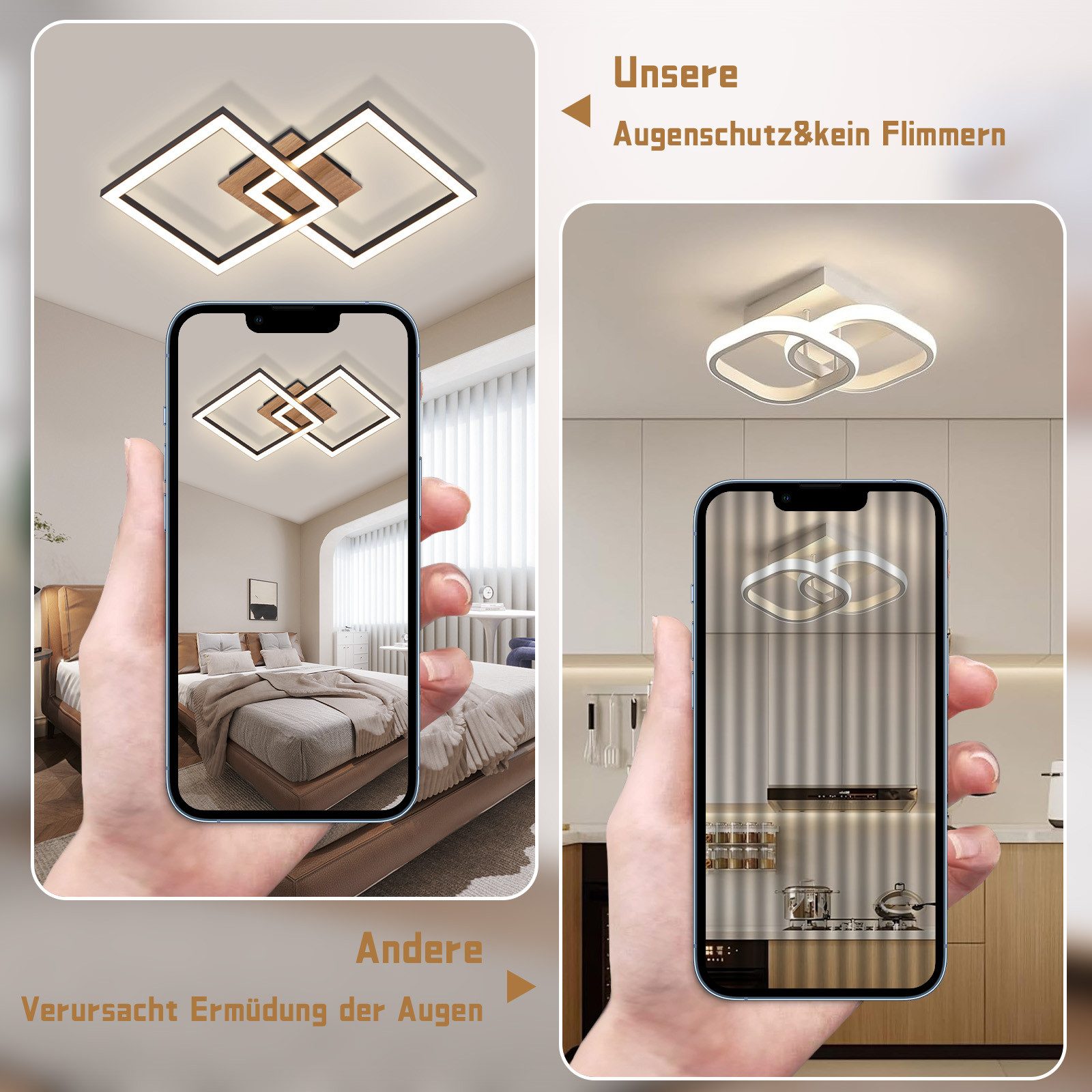 ZMH LED Deckenleuchte Modern 24W für Wohnzimmer Esszimmer Deckenlampe für Küche und Flur, LED fest integriert, Warmweiß, Holzoptik, gekreuzte Rahmen, ein Elemen – Bild 4 von 5