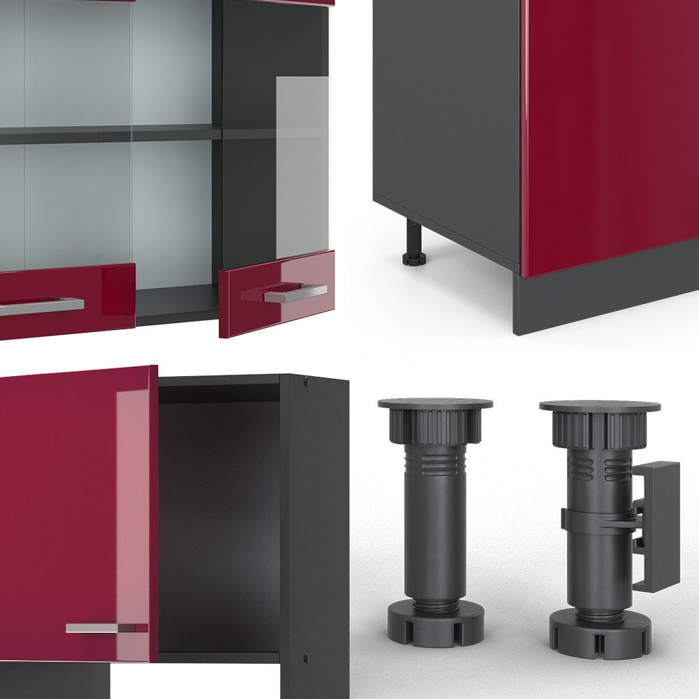 Vicco Küchenzeile R-Line, Rot Hochglanz/Anthrazit/Anthrazit, 300 cm mit Hochschrank, ...