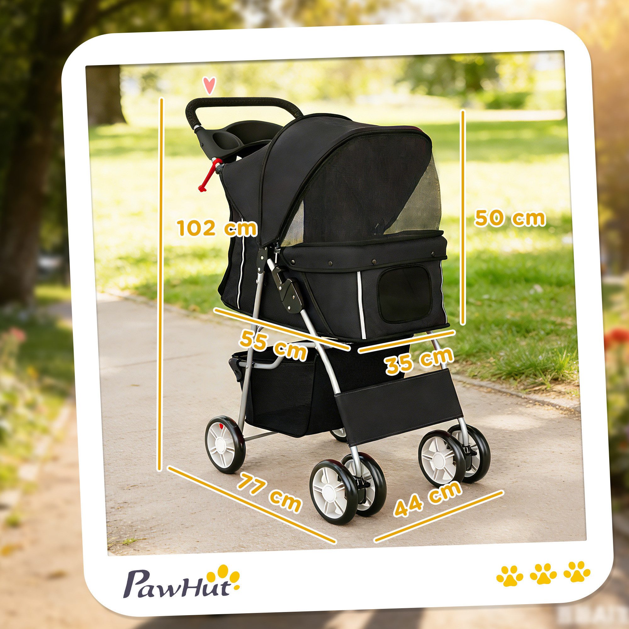 PawHut Hundebuggy Faltbar Katzenwagen mit Reflektorstreifen Aufbewahrungskorb Kissen, (Hundewagen, 1-tlg), für kleine Hunde bis 10kg, Schwarz