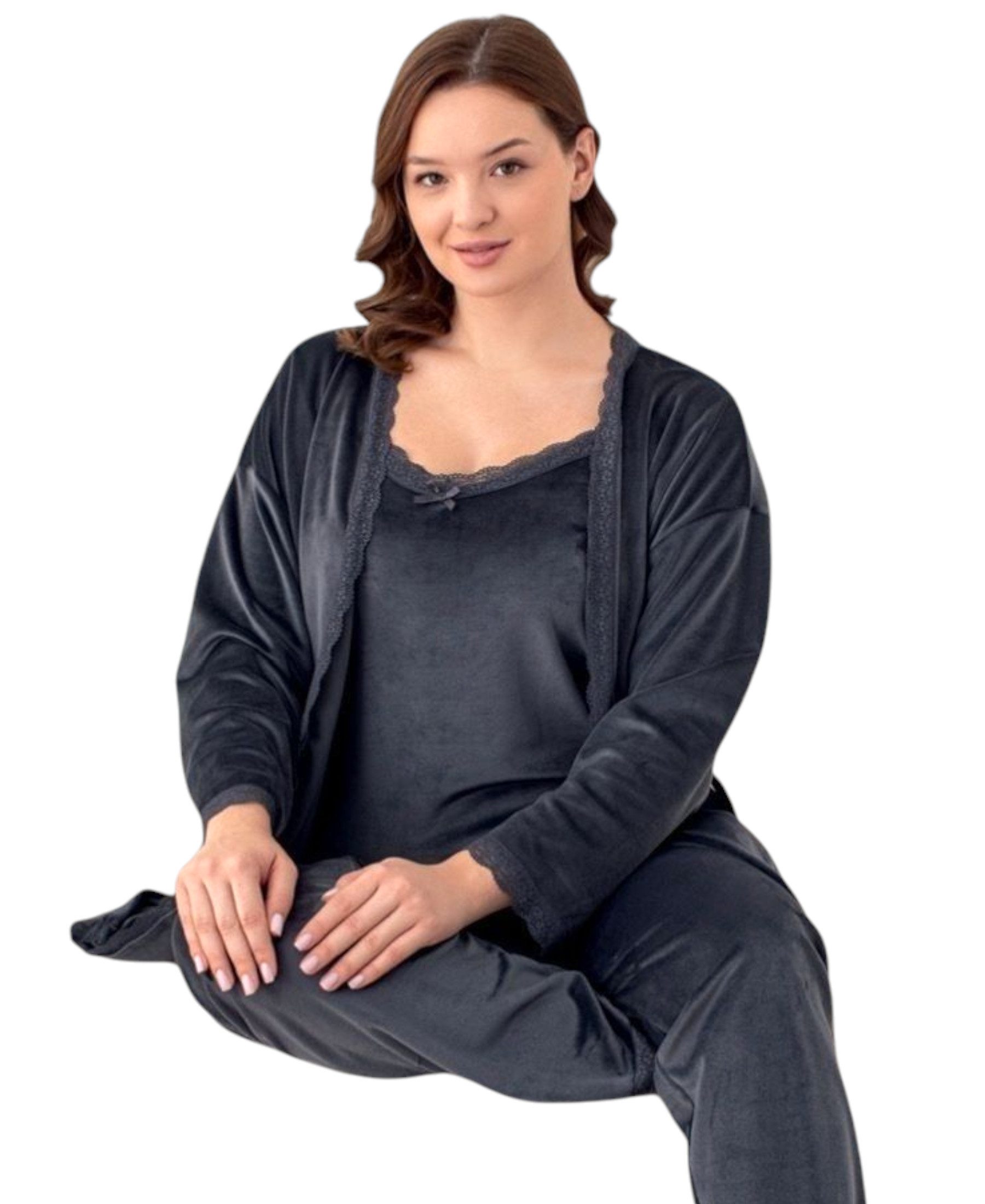 Hausanzug 3 teiliger Pyjama Schlafanzug mit Morgenmantel 100% Samt