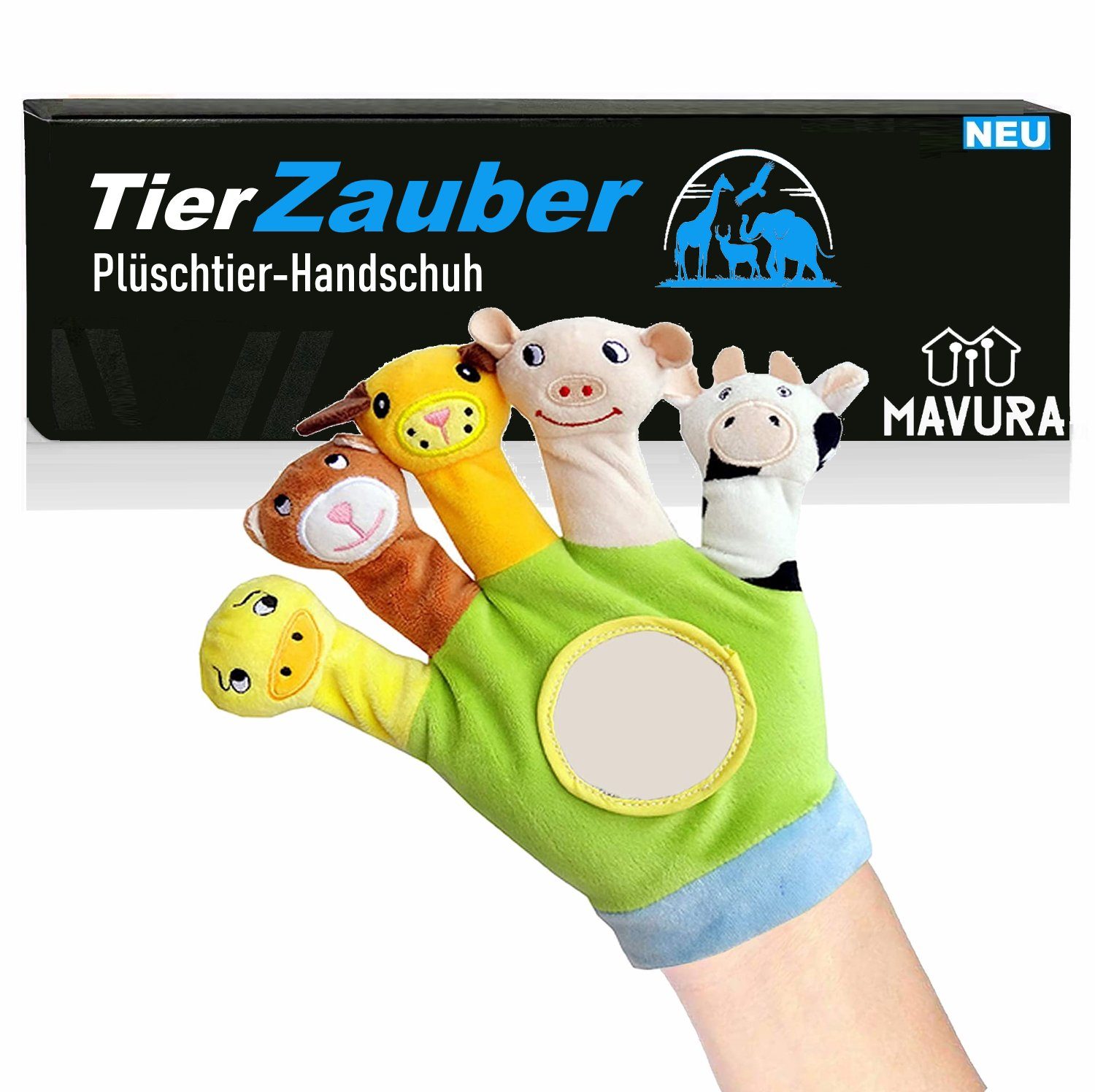 MAVURA Fingerpuppe TierZauber Safari Spielhandschuh Baby Beruhigungs Spielzeug, Fingerpuppen Handschuh - ab 0 Jahren - für Jungen & Mädchen