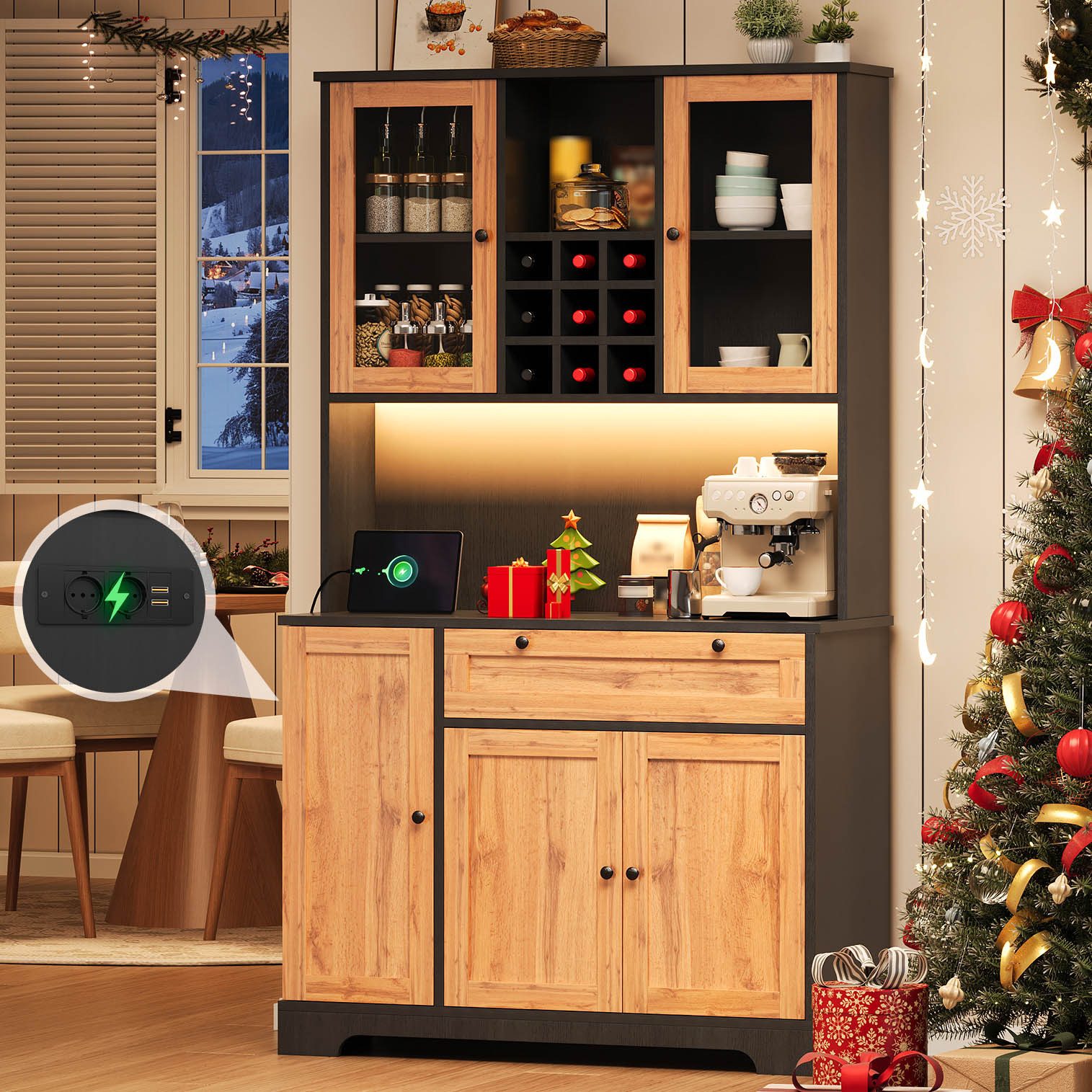 Küchenbuffet mit Steckdose, LED-Beleuchtung, Weinregal, Glastüren und Türablagen