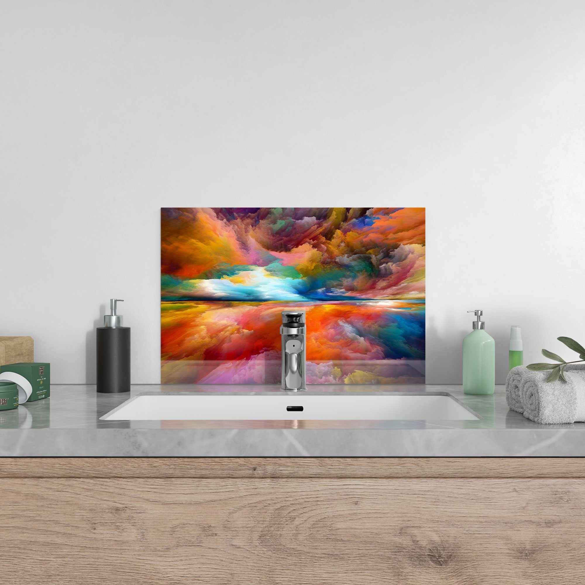 Spritzschutz Herdblende Badrückwand DEQORI Glas Farbwolken', Küchenrückwand 'Gespiegelte