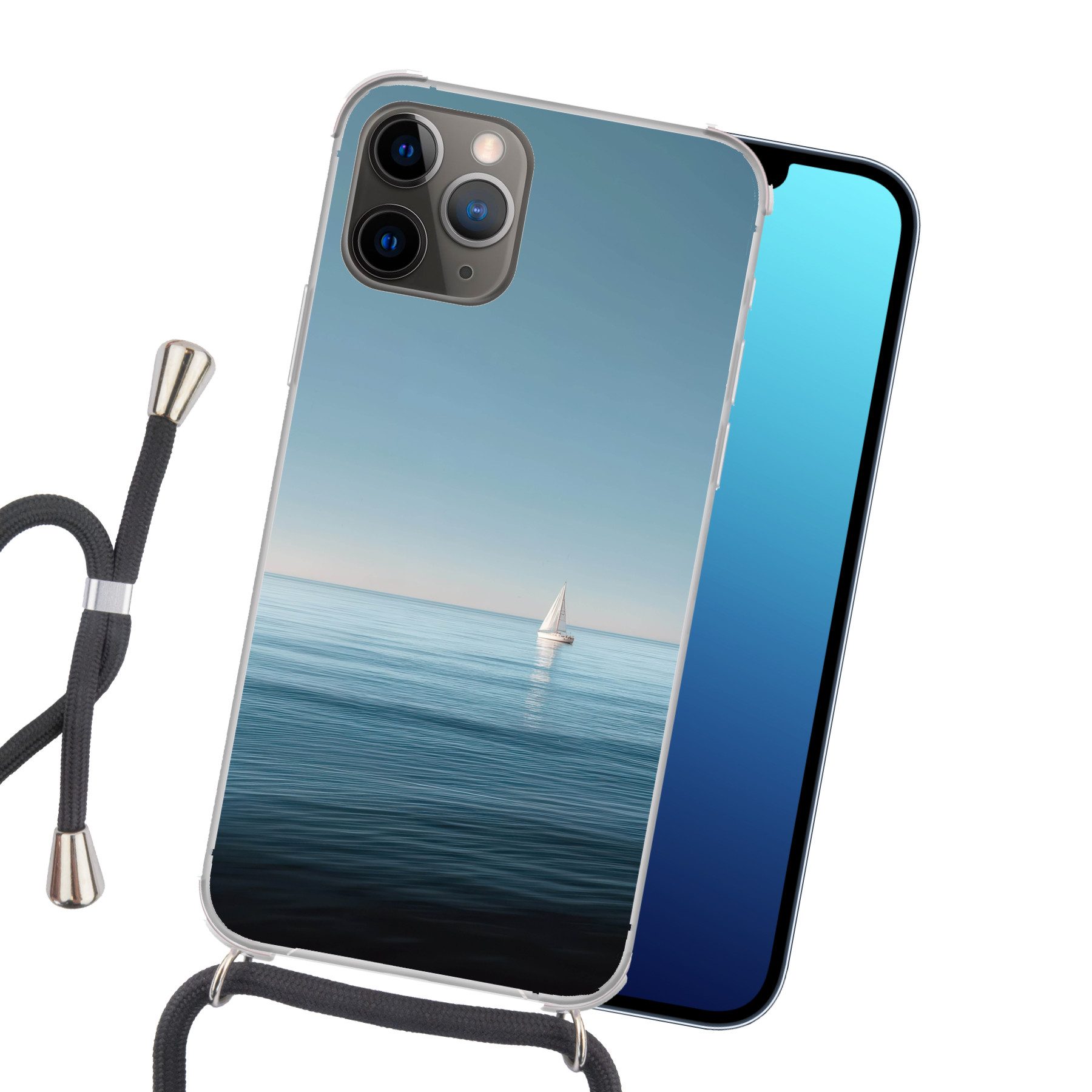 MuchoWow Handyhülle für Apple iPhone 12 Pro Segelboot - Ruhige See - Strahlend blauer Himm, Tragbare Handyhüllen mit Kette zum umhängen, Handykette Handyband
