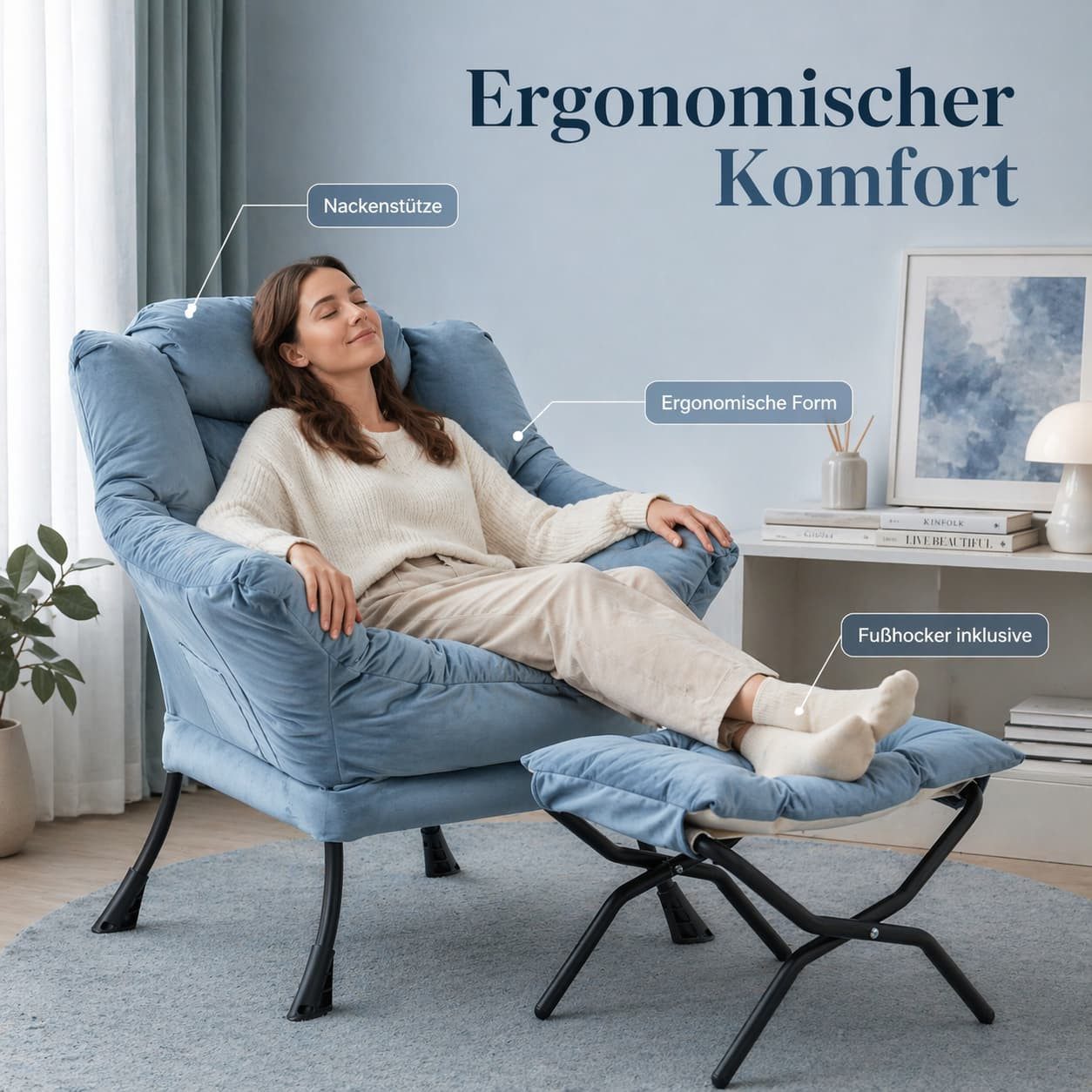 ANYSUN Loungesessel aus Samt mit Nackenstütze, wahlweise mit Fußhocker, weich gepolstert, Lesesessel mit Seitentasche für Wohnzimmer & Schlafzimmer – Bild 3 von 5