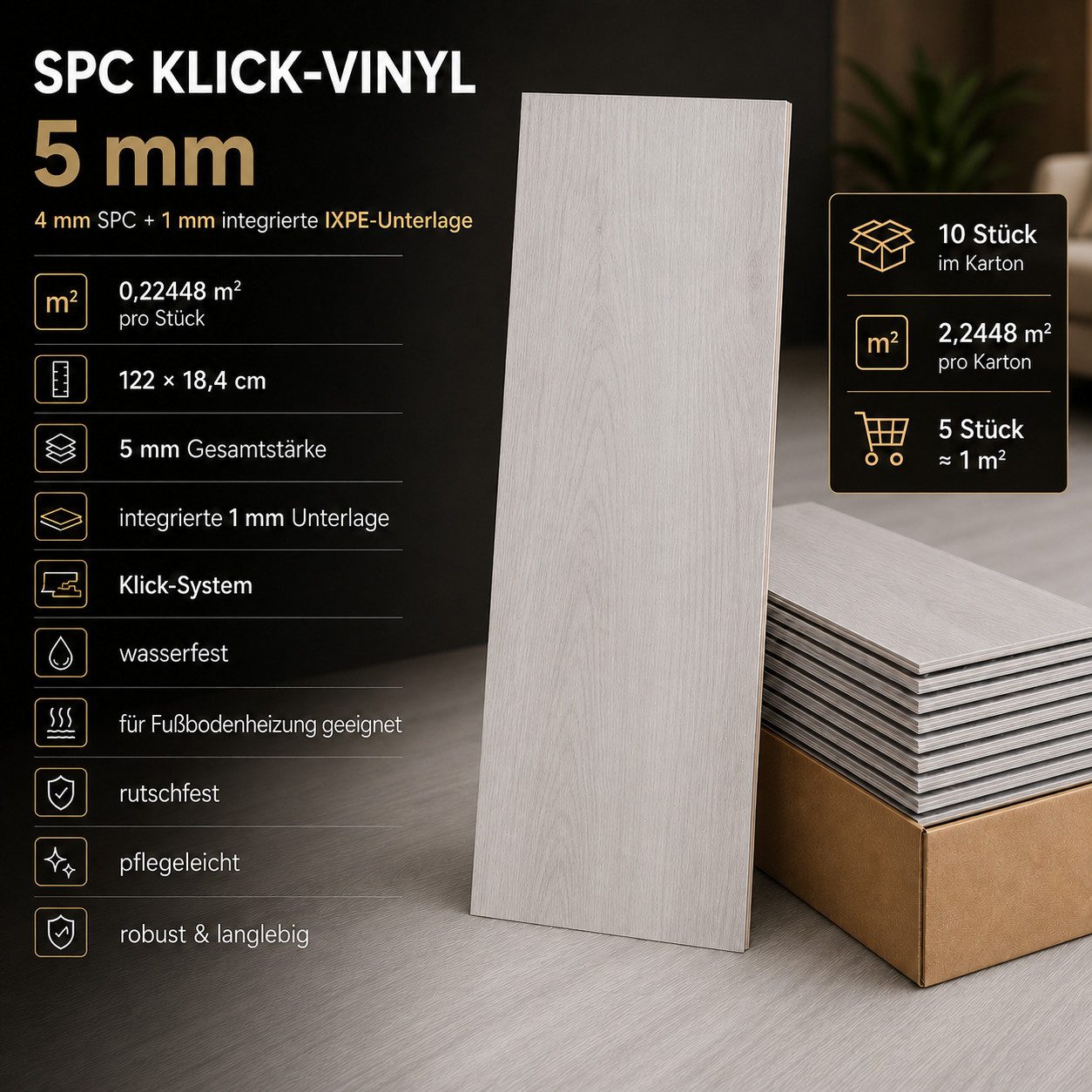 Berti Graf Designboden SPC Vinylboden 5 mm Klick wasserfest mit Trittschalldämmung, kleberfrei, pflegeleicht – Bild 3 von 5
