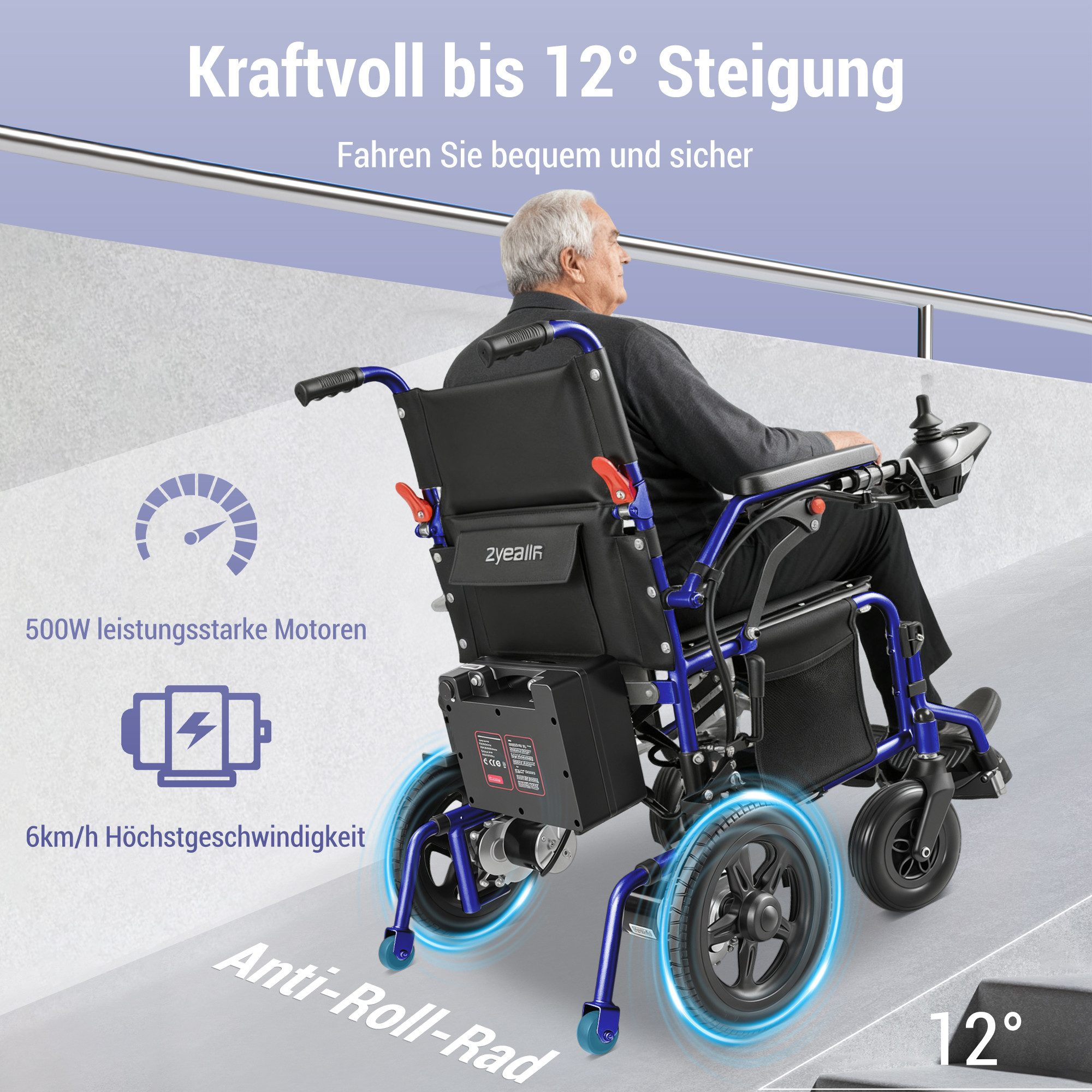 Vankel Elektrorollstuhl Elektrisch Faltbar Leicht bis 150KG, Faltbar, 25 km, seniorenmobil, 2x250W, 6,00 km/h E-Rollstuhl