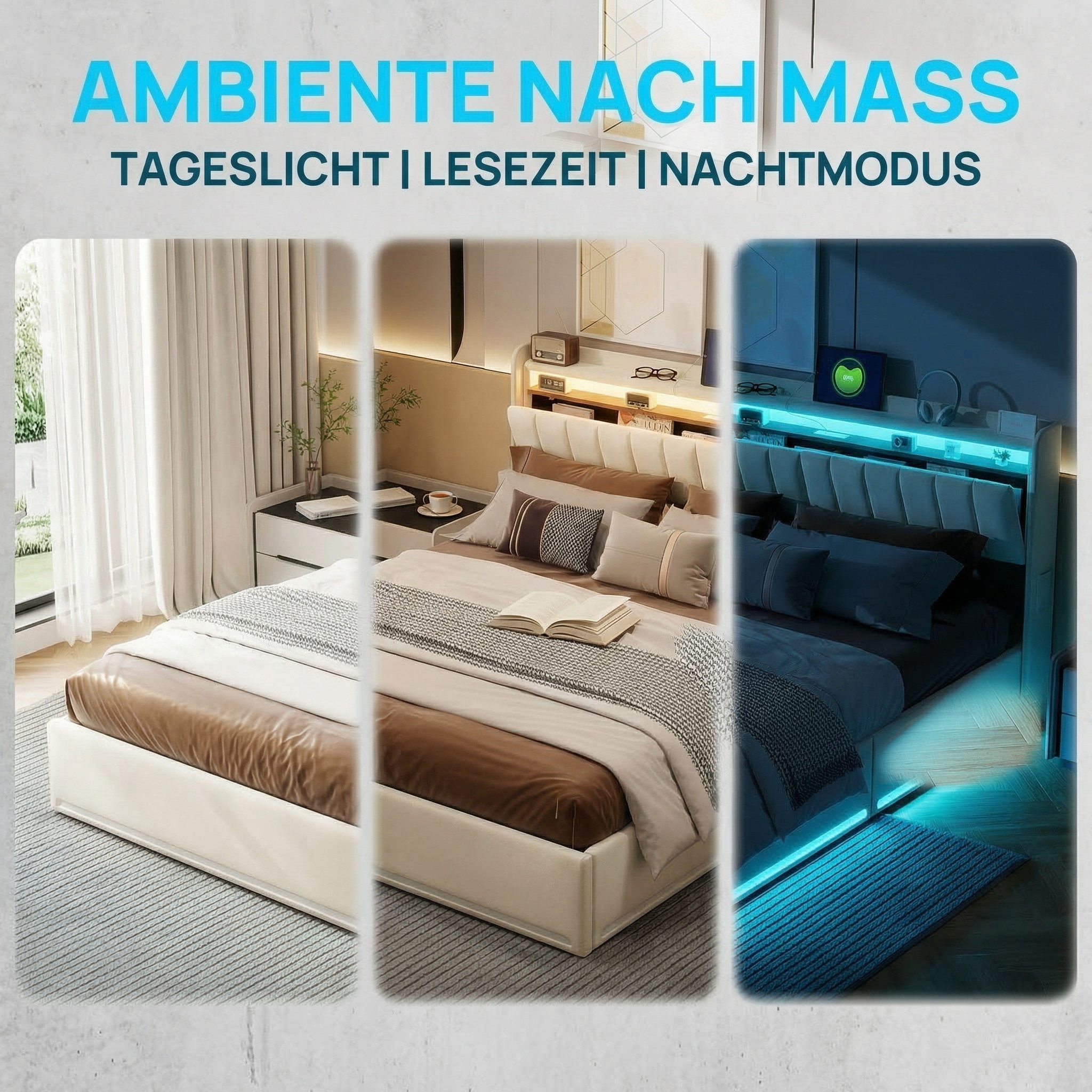 PXloue Polsterbett LED Doppelbett, Bettkasten, Ladefunktion, Samt, 140x200 cm
