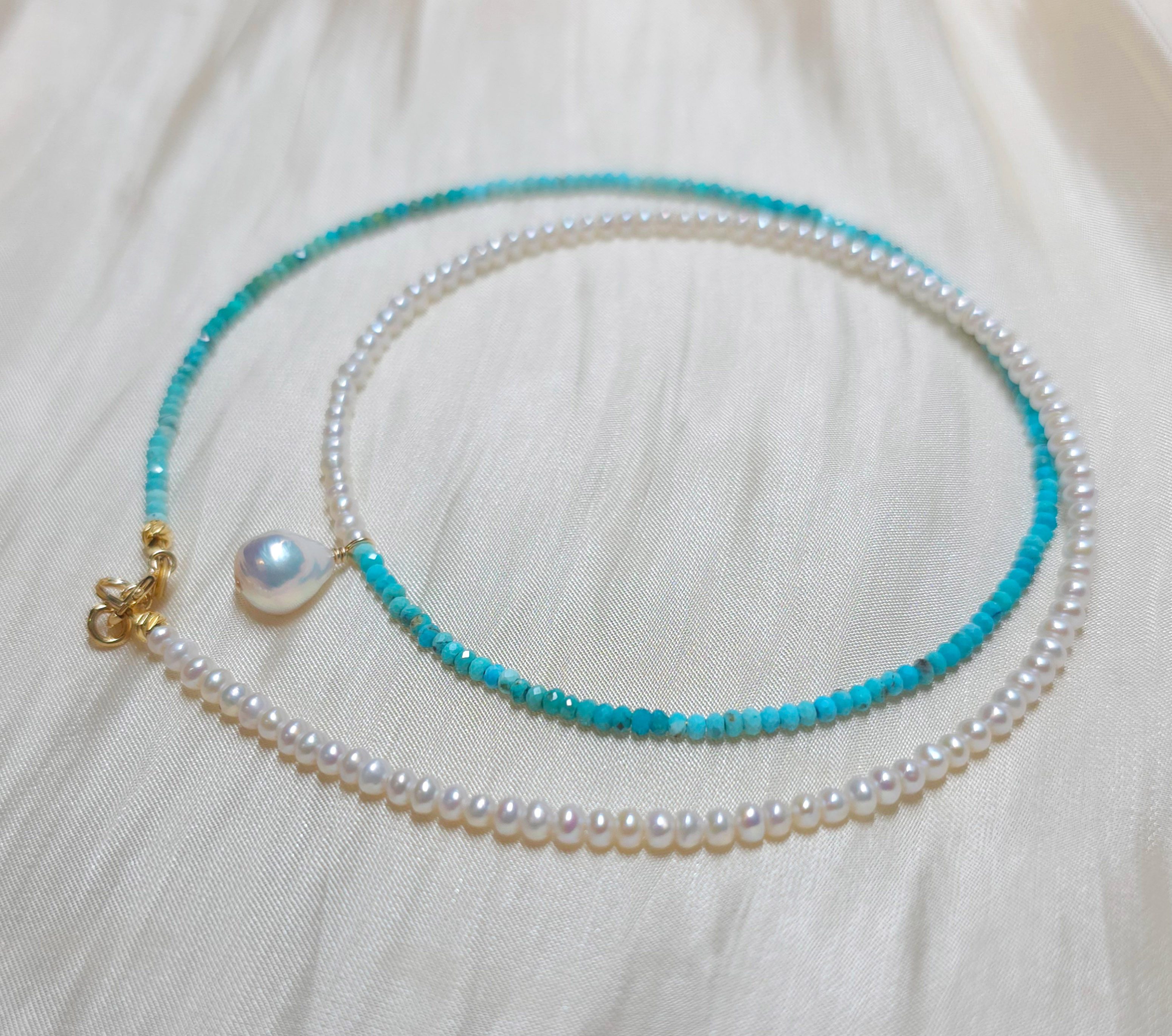 GOLDEN Kette mit Anhänger Natürliche Perlen mit Türkis Choker, Zierliche Naturstein Halskette