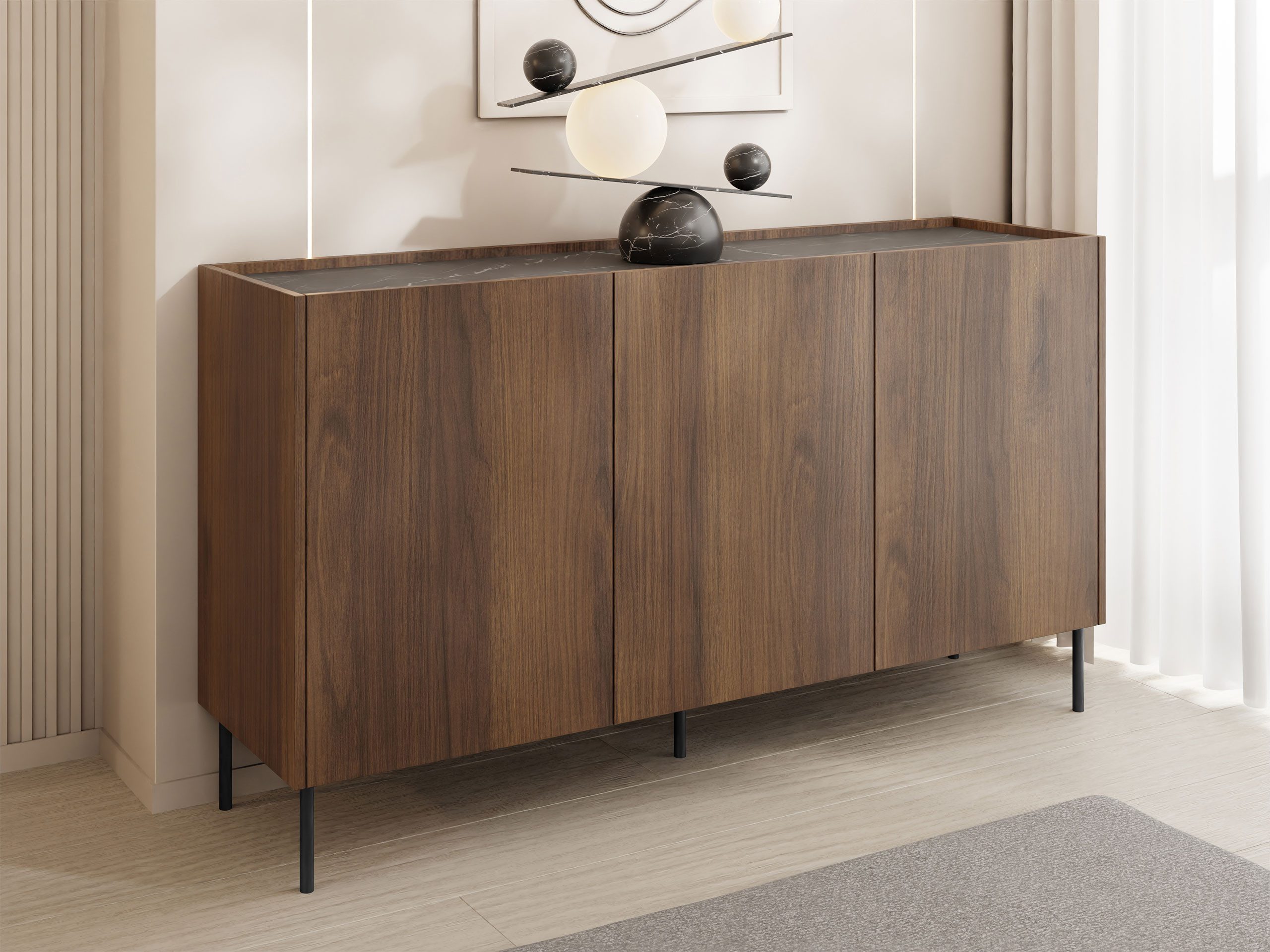 MIRJAN24 Kommode Tewos K144 (mit drei Drehtüren), 144x37x78 cm, Schwarze Metallfüße