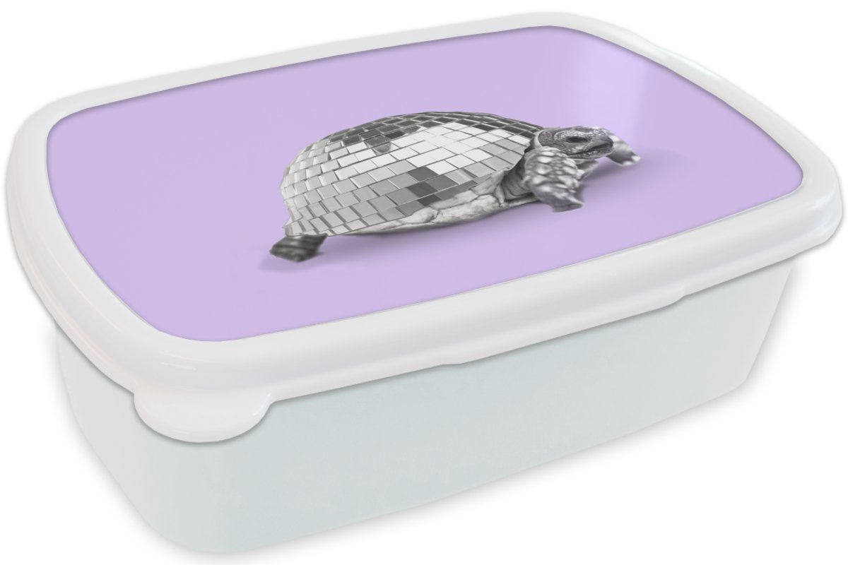 Kunststoff, Tier und und Mädchen MuchoWow Erwachsene, Brotbox - - - Kinder Schildkröte (2-tlg), für Brotdose, Disco Lila, für weiß Lunchbox - Jungs Discokugel