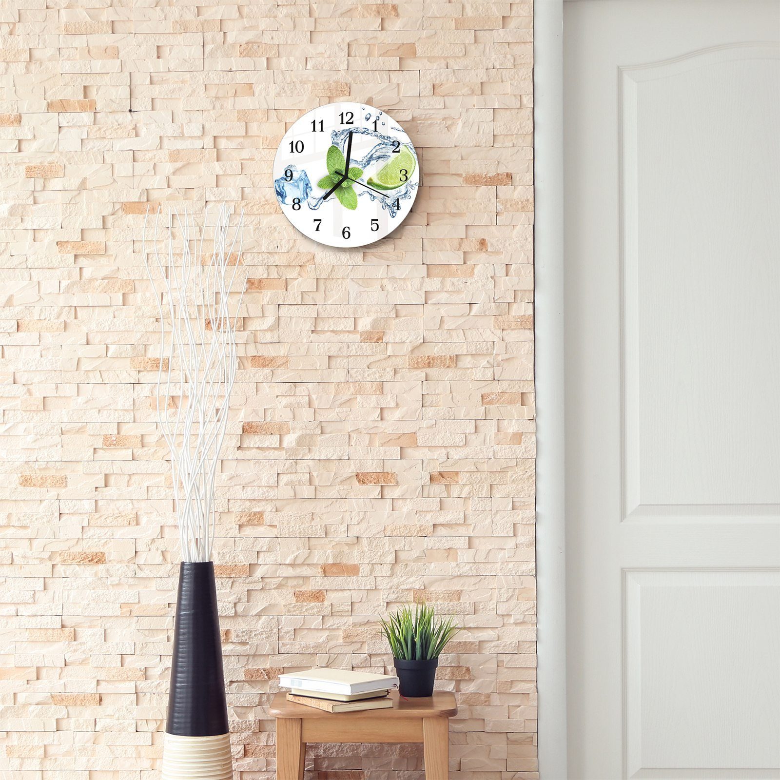Wanduhr cm Splash Primedeco aus mit mit Rund Motiv Wanduhr Limetten und Durchmesser 30 - Wasser Glas Quarzuhrwerk auf