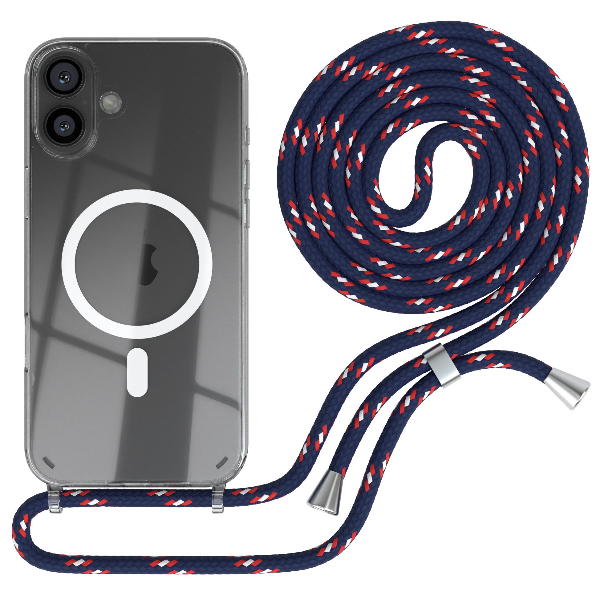 EAZY CASE Handykette mit Magsafe Hülle für Apple iPhone 16 Plus 6,7 Zoll, Slimcover Handykette Hülle mit Schnur Handykordel Navy Blau Camouflage