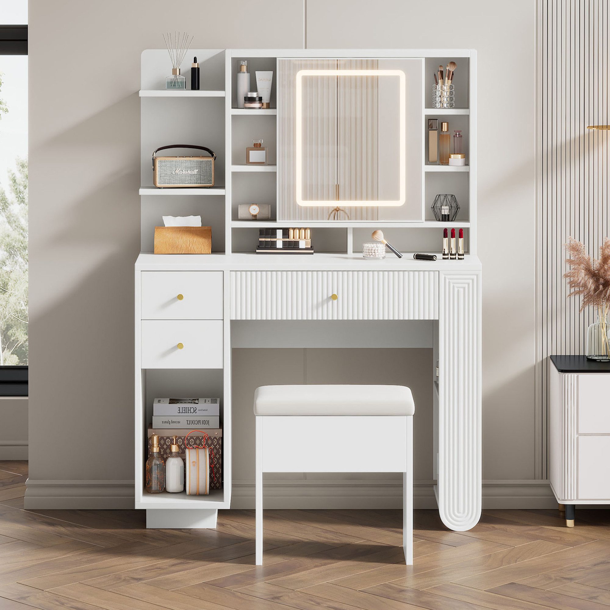 Schminktisch mit LED-Spiegel & Hocker, Weiß, 100×40×138 cm