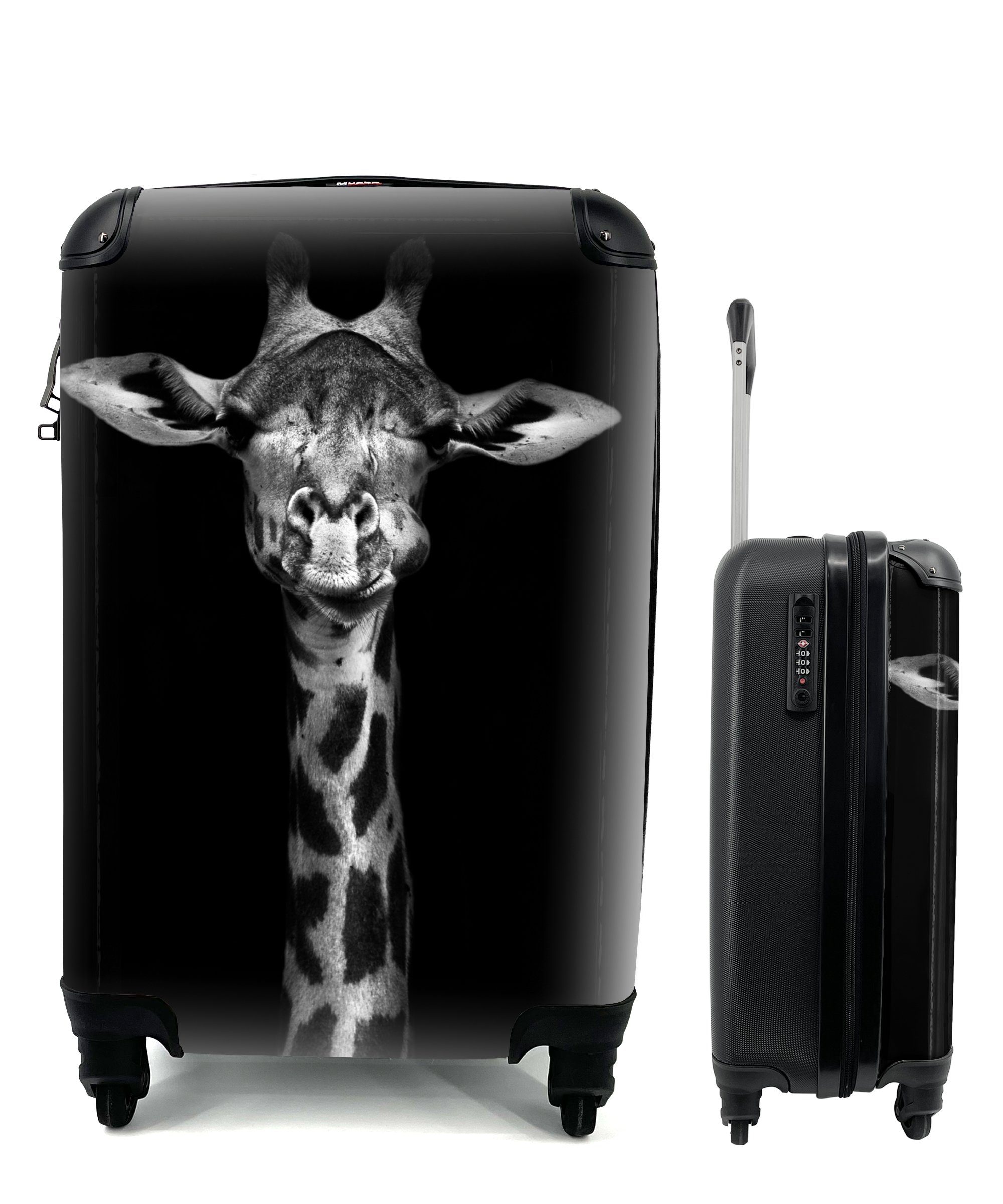 MuchoWow Handgepäckkoffer Giraffe - Porträt - Tiere - Schwarz - Weiß, 4 Rollen, Reisetasche mit rollen, Handgepäck für Ferien, Trolley, Reisekoffer