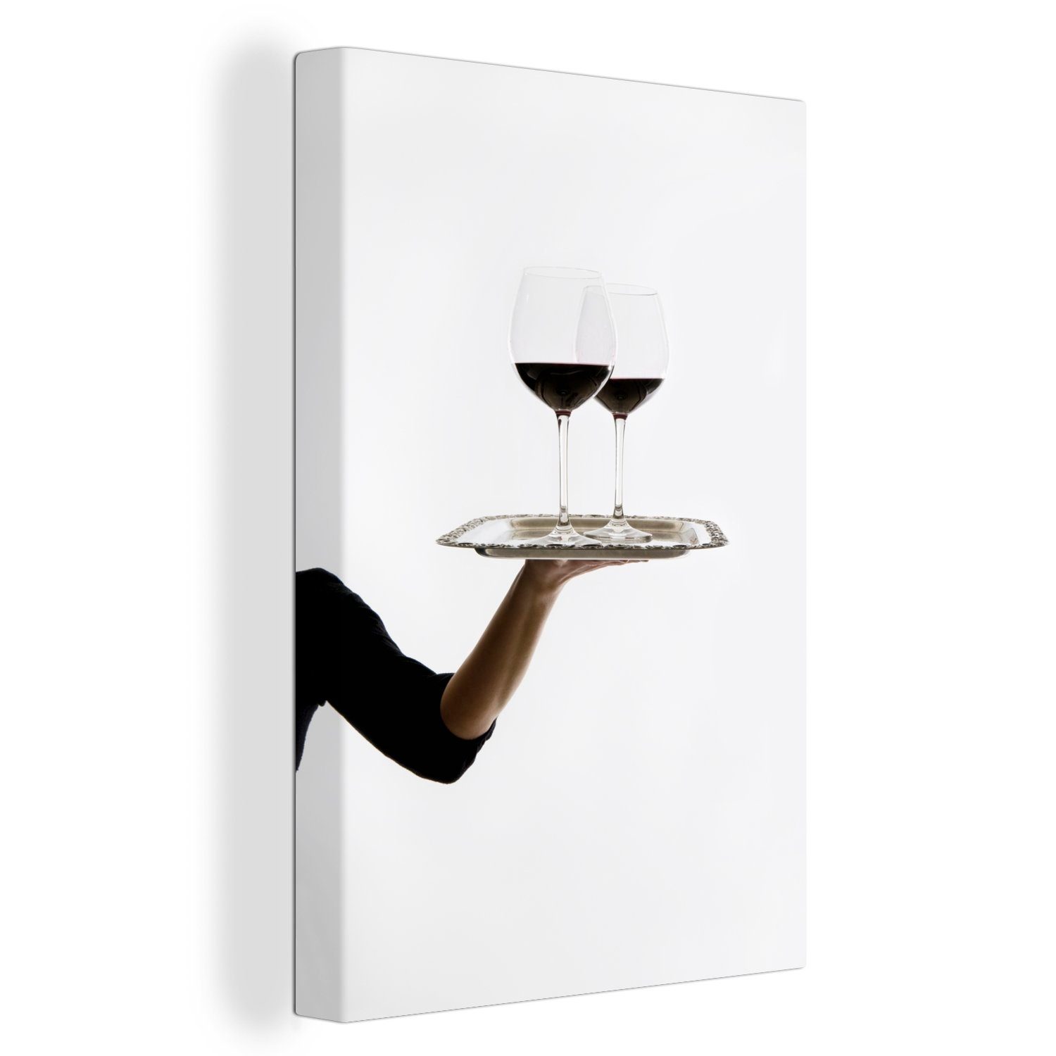 OneMillionCanvasses® Leinwandbild Ein weiblicher Kellner mit zwei Gläsern Wein, (1 St), Leinwandbild fertig bespannt inkl. Zackenaufhänger, Gemälde, 20x30 cm