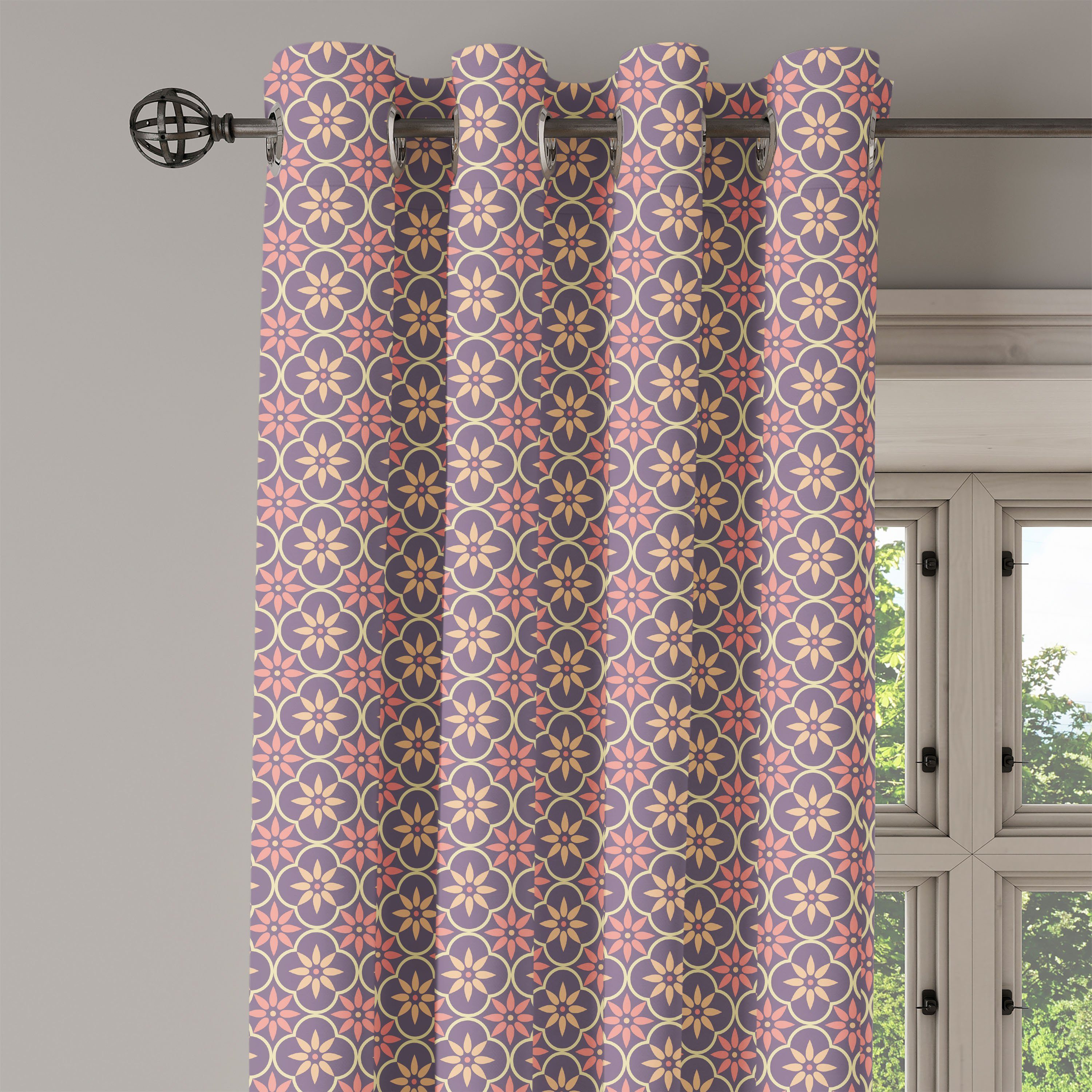 Schlafzimmer Wohnzimmer, 2-Panel-Fenstervorhänge Geometrisch Dekorative Gardine Floral Motive für Osten Abakuhaus,