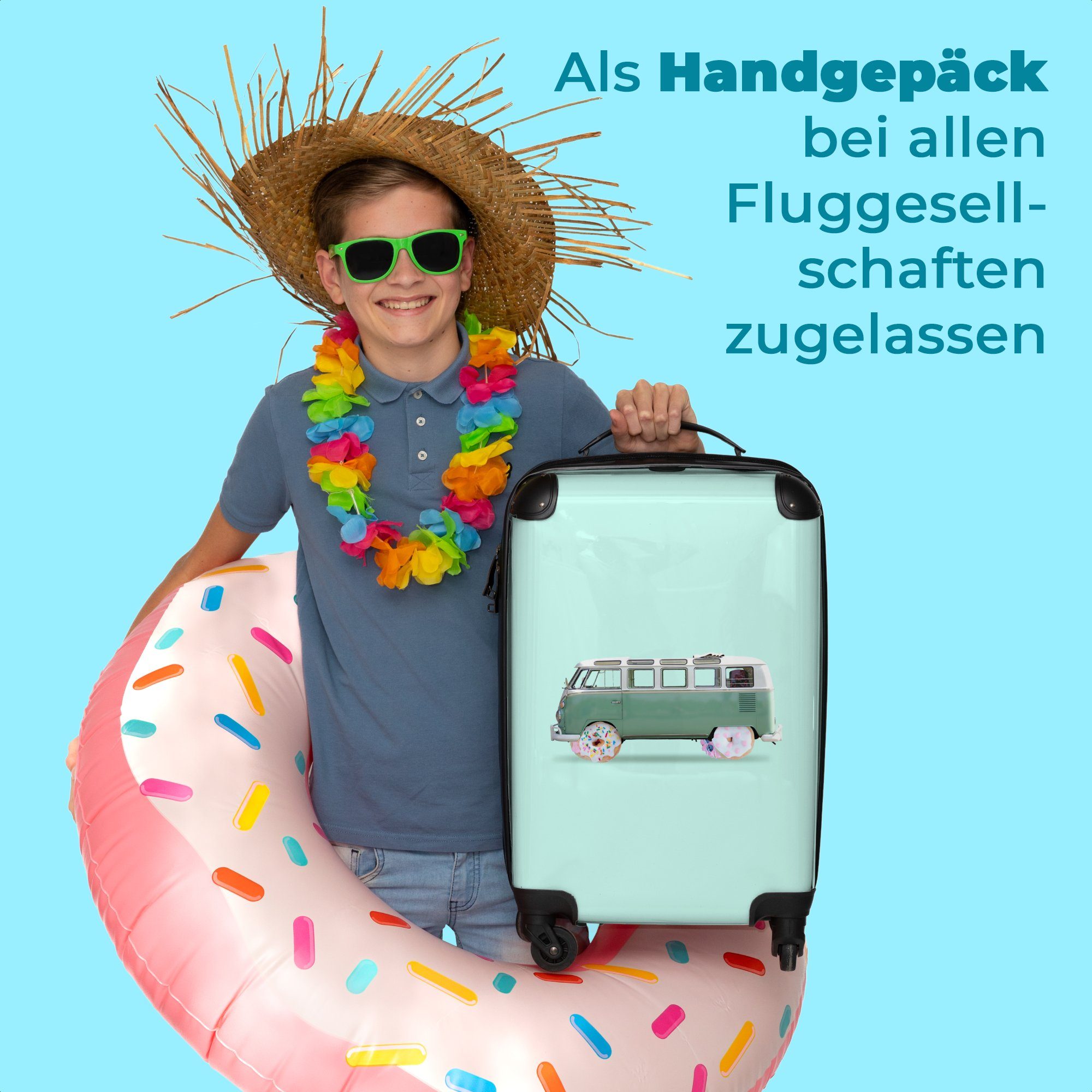 4 NoBoringSuitcases.com© für - Kinderkoffer Rollen, - Grün, 55x35x20cm Handgepäck rollen, Ferien, Lieferwagen Auto Kindertrolley, Koffer - Donuts mit Reisetasche