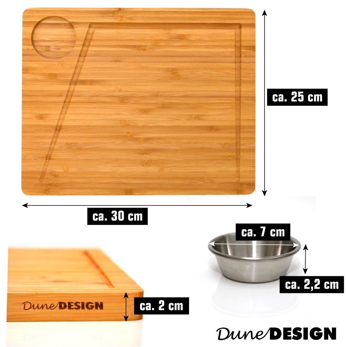 DuneDesign Schneidebrett 2er Set Bambus Servierbrett - 30x25 Brett mit Saftrille & Dip-Schalen, Bambus, Holz Steakbrett - Servierbrett Messerschonend & pflegeleicht