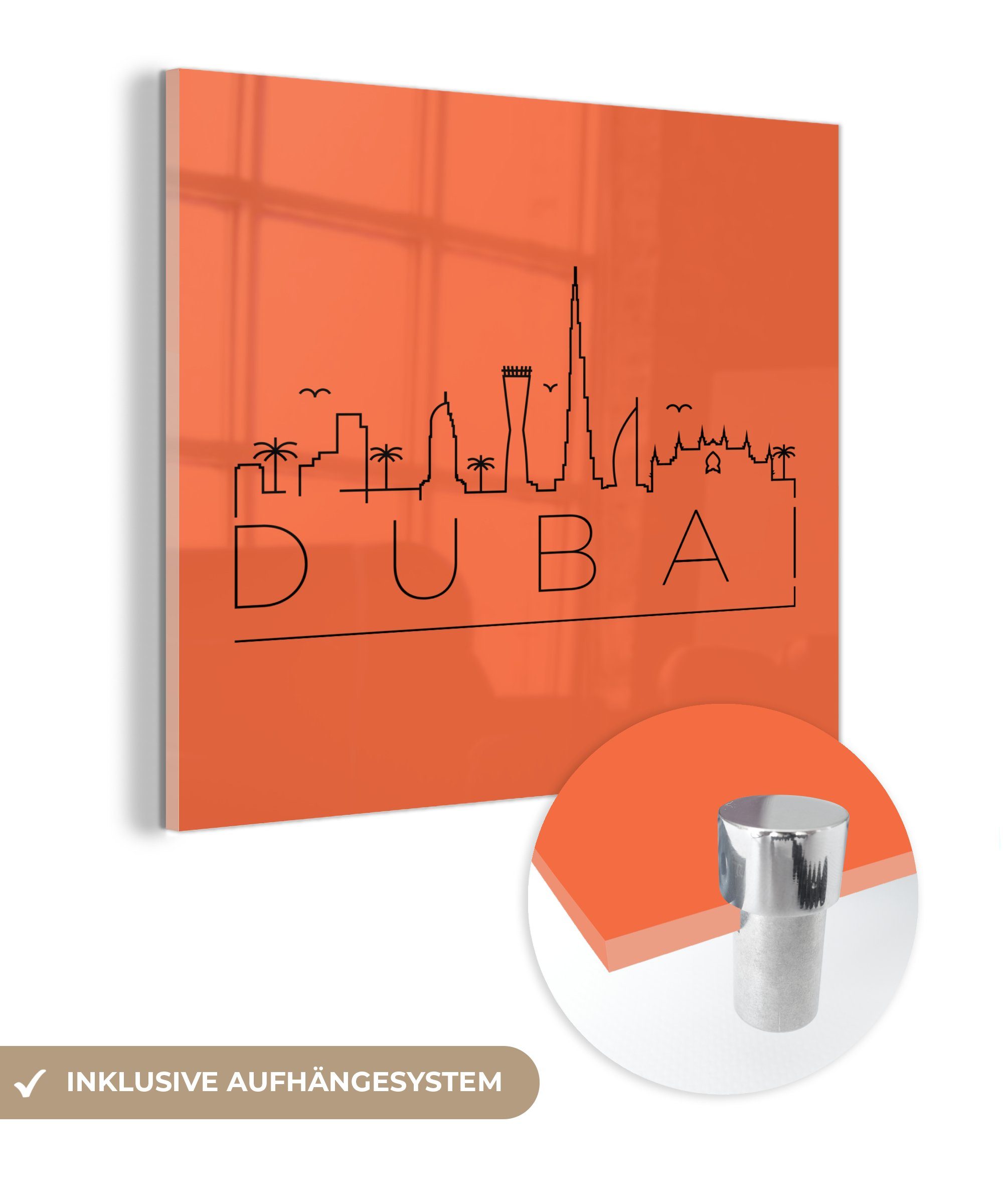 MuchoWow Acrylglasbild Skyline "Dubai" schwarz auf orange, (1 St), Glasbilder - Bilder auf Glas Wandbild - Foto auf Glas - Wanddekoration