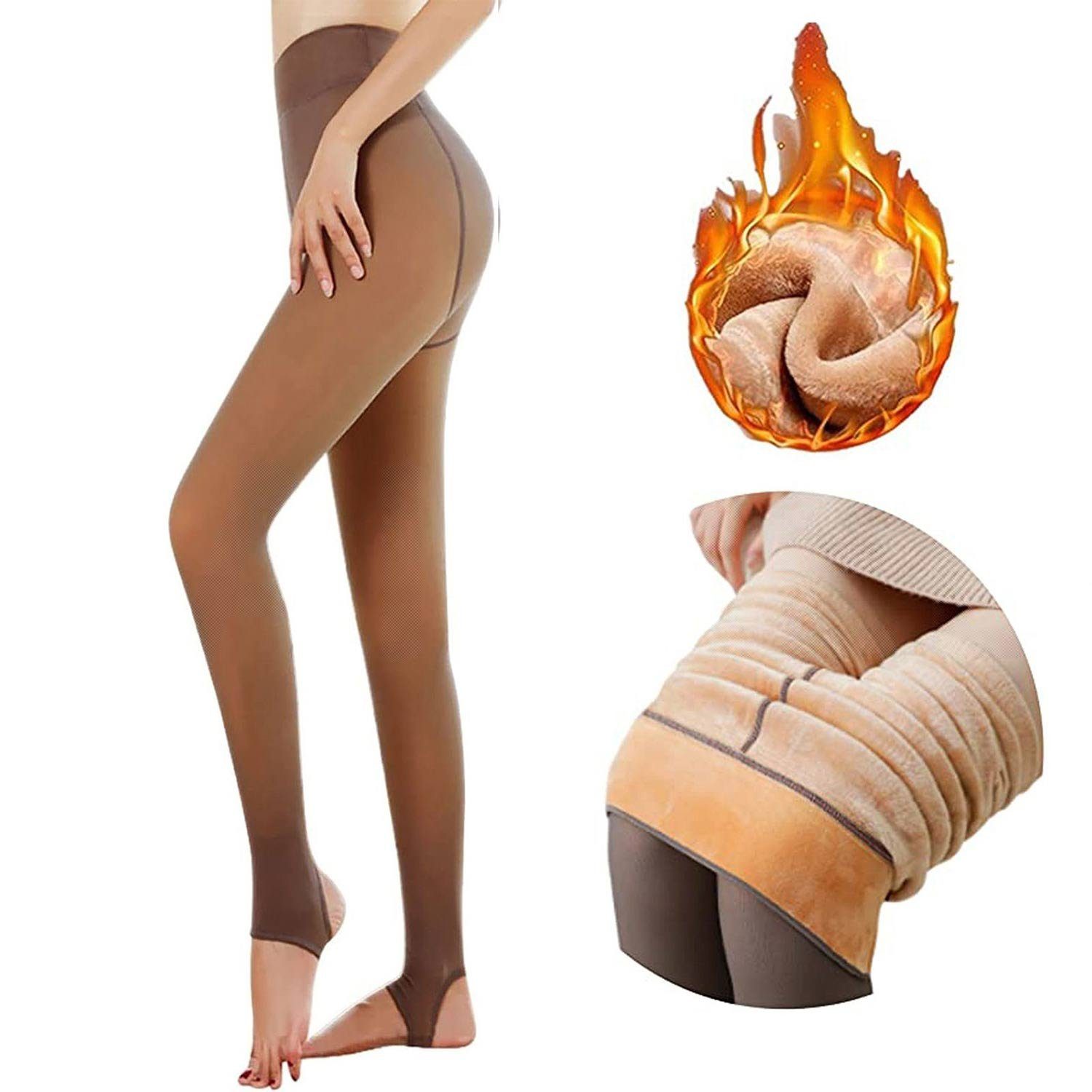 Daisred Strumpfhose Damen Thermostrumpfhosen Winter,Gefütterte Strumpfhose Braun offene