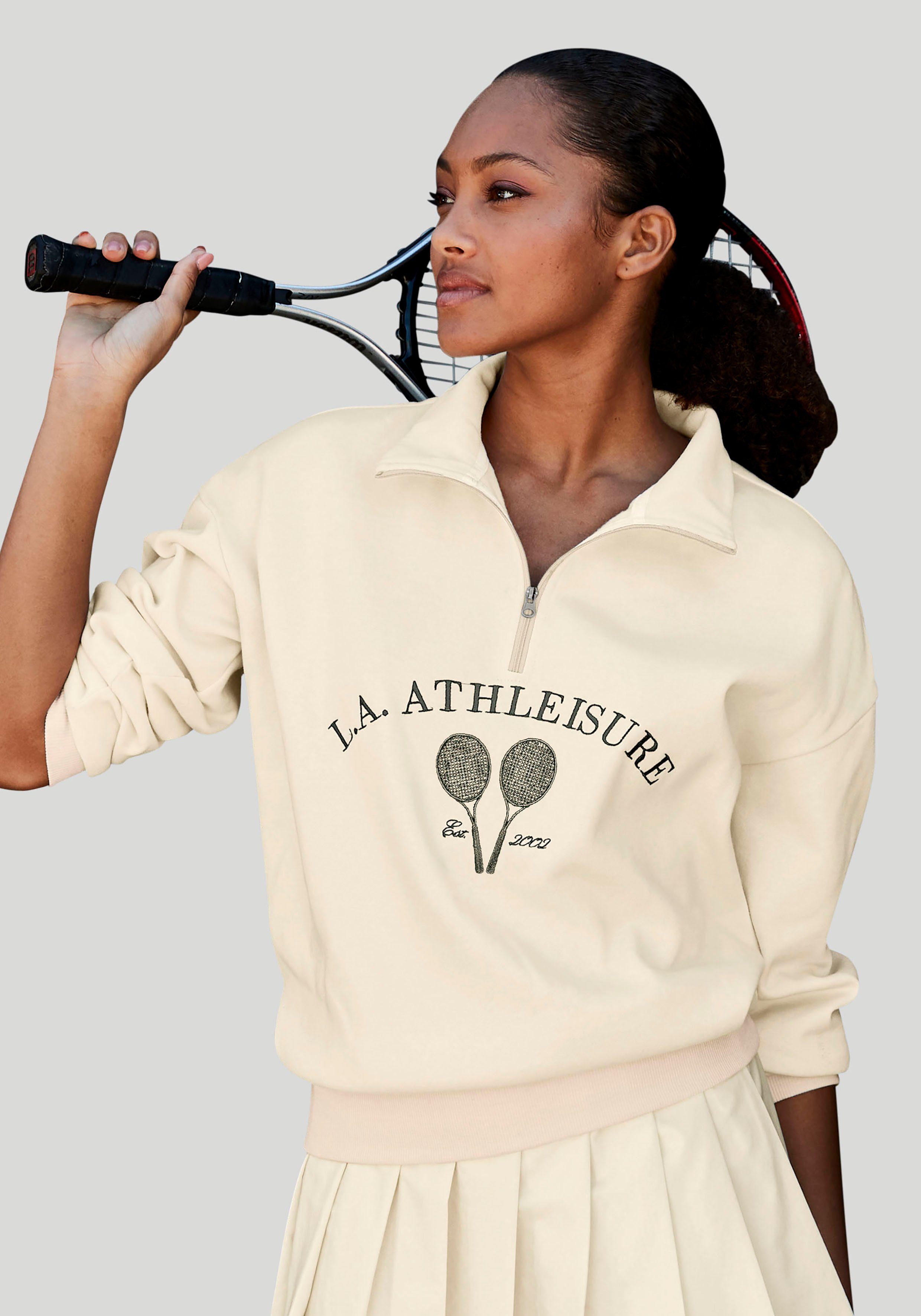 LASCANA ACTIVE Sweatshirt Tennis mit Stehkragen und Reißverschluss Offwhite