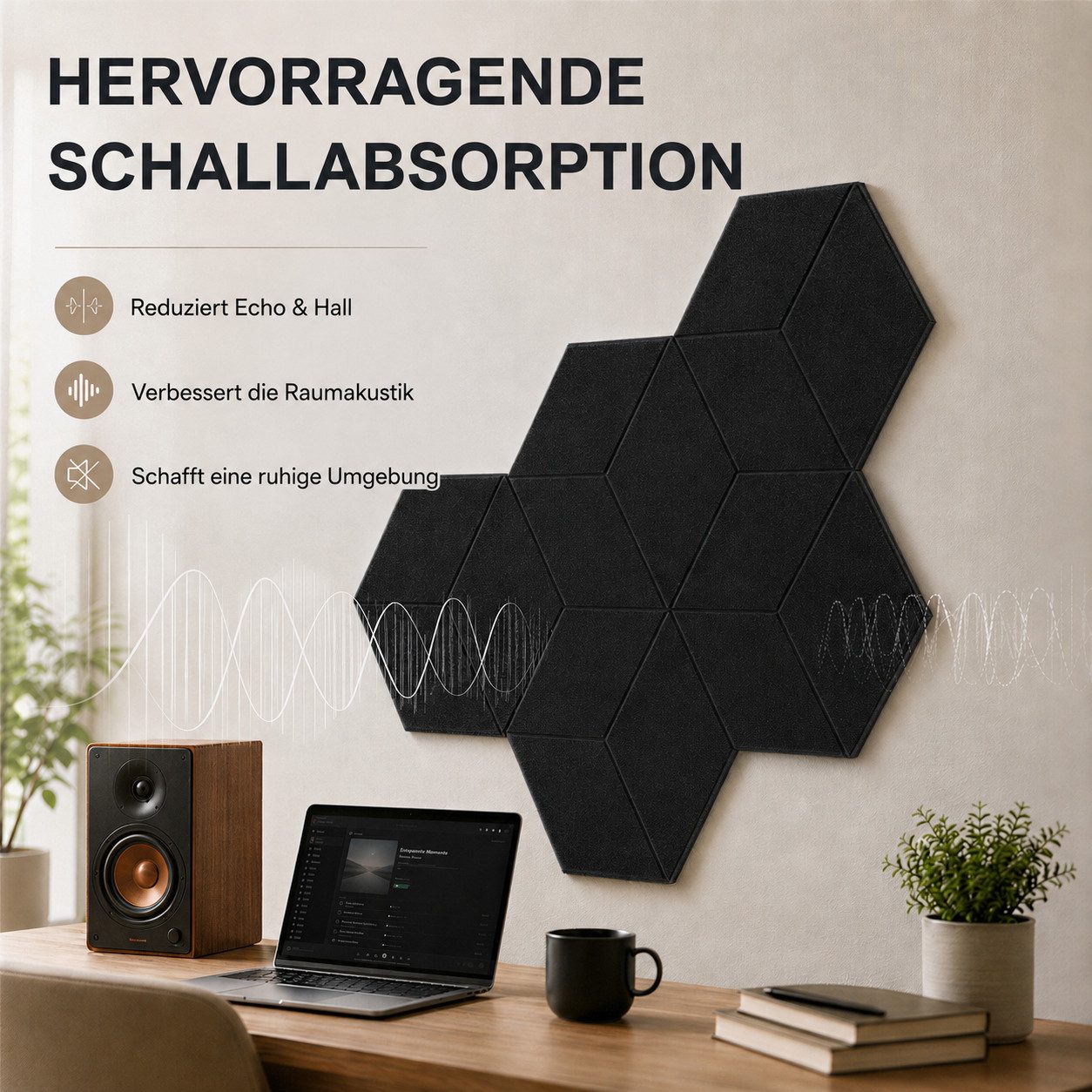 BlingBin Schallschutzpaneel sechseckige Schallschutz Wandpaneele, Akustikpaneele selbstklebend, BxL: 26x30 cm, 0,07 qm, (24er Set, 24-tlg., 300 x 260 mm) 3D Hexagon, Wandpaneele für Studio, Büro und Heimkino
