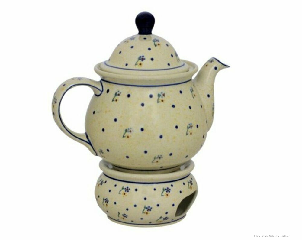 Bunzlauer Keramik Teekanne 1,7L Teekanne mit Stövchen – bauchig, klassisch rund Form, Dekor 111, 1,70 l
