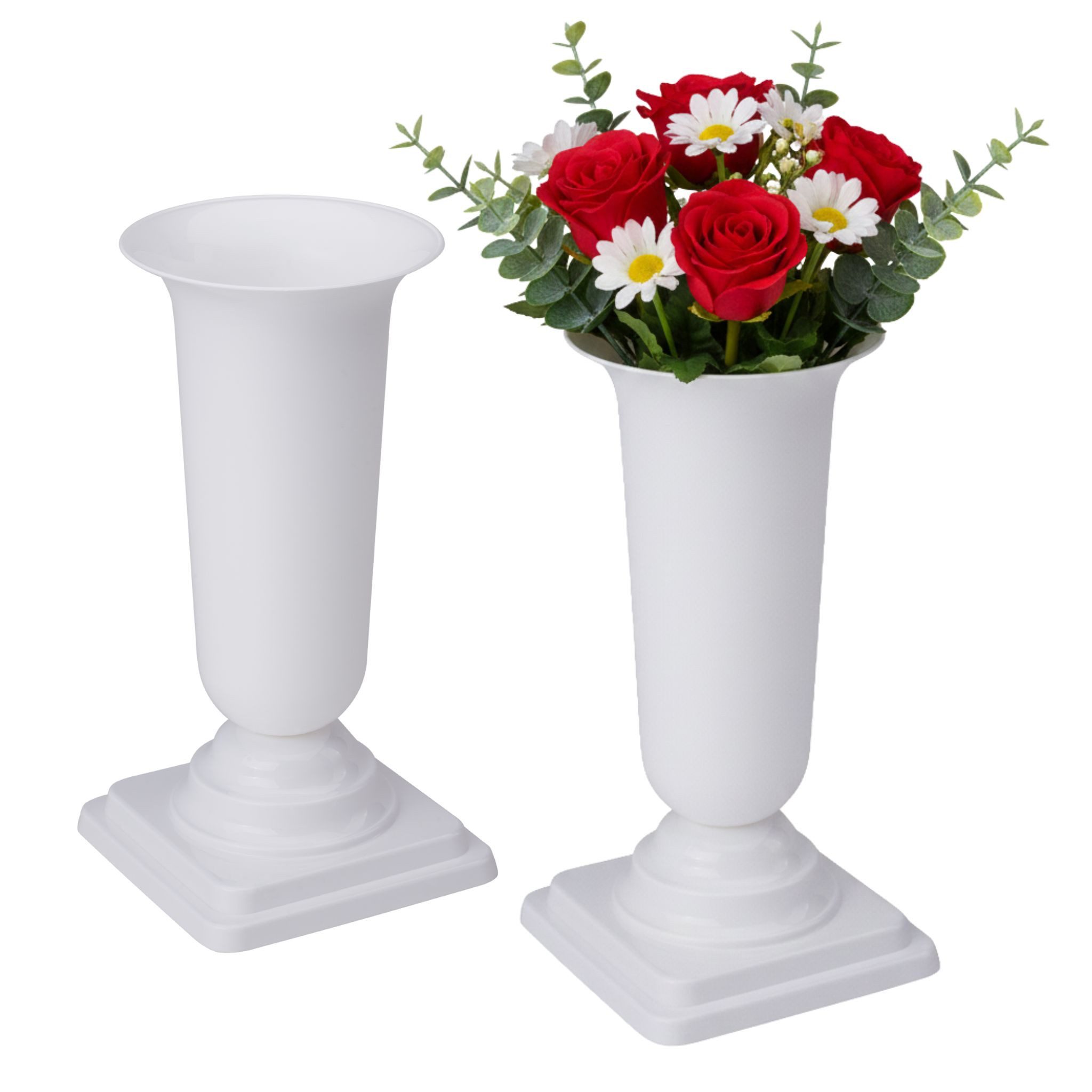 matches21 HOME & HOBBY Dekovase Grabvasen mit Sockel zum Hinstellen 2er Set 31 cm, weiss (2 St), Wetterfeste Grabschmuck Kunststoff Friedhofsvasen