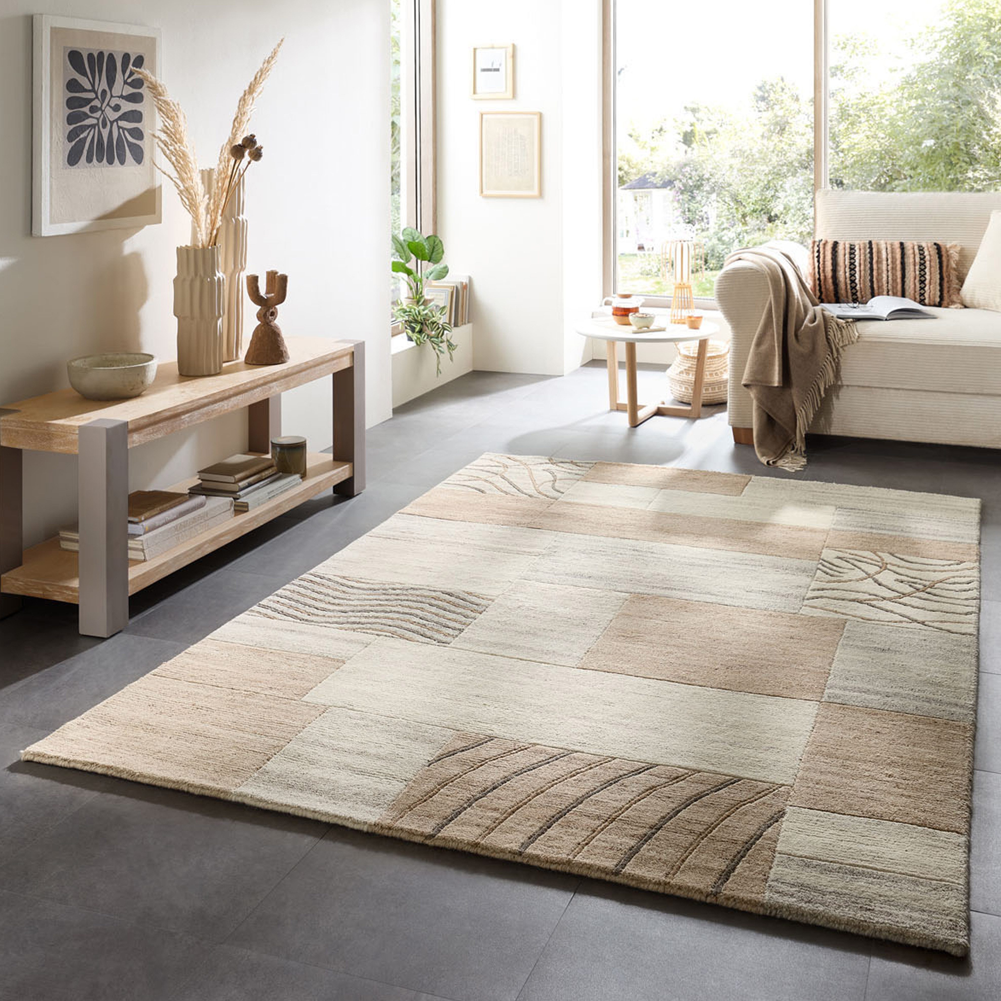 THEKO Wollteppich Nakarta 2, handgeknüpft, rechteckig, Höhe: 12 mm, reine Wolle, Naturtöne, Patchworkdesign, meliert, Wohnzimmer