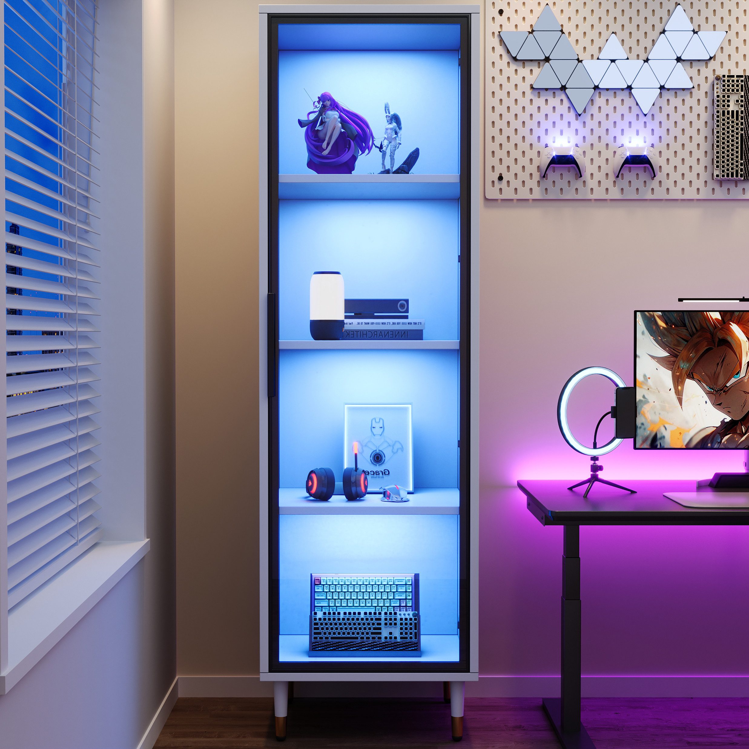 Flieks Glasvitrine Hochschrank mit LED-Beleuchtung und Glastüren (1-St., 40x40x170 cm) Standvitrine LED-Vitrine mit 4 Fächern Mehrzweckschrank Wohnzimmer