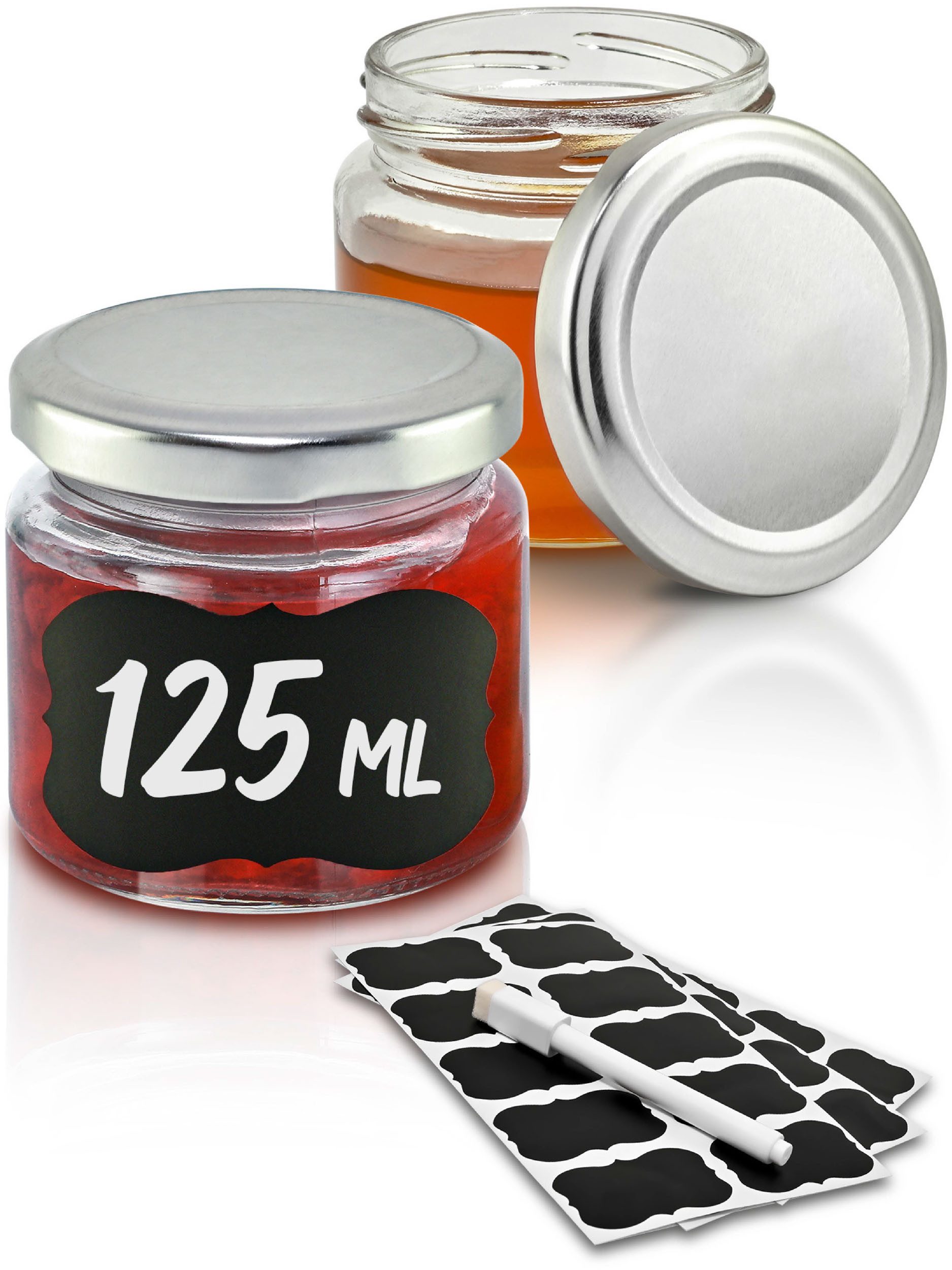 Praknu Einmachglas 25 Marmeladengläser Klein 125ml - Mit Etiketten & Stift - Luftdicht, Glas, (Set, 25-tlg., 25 Einkochgläser, 25 Etiketten, Stift zum Beschriften), Mit Etiketten & Stift - Luftdicht - Spülmaschinenfest