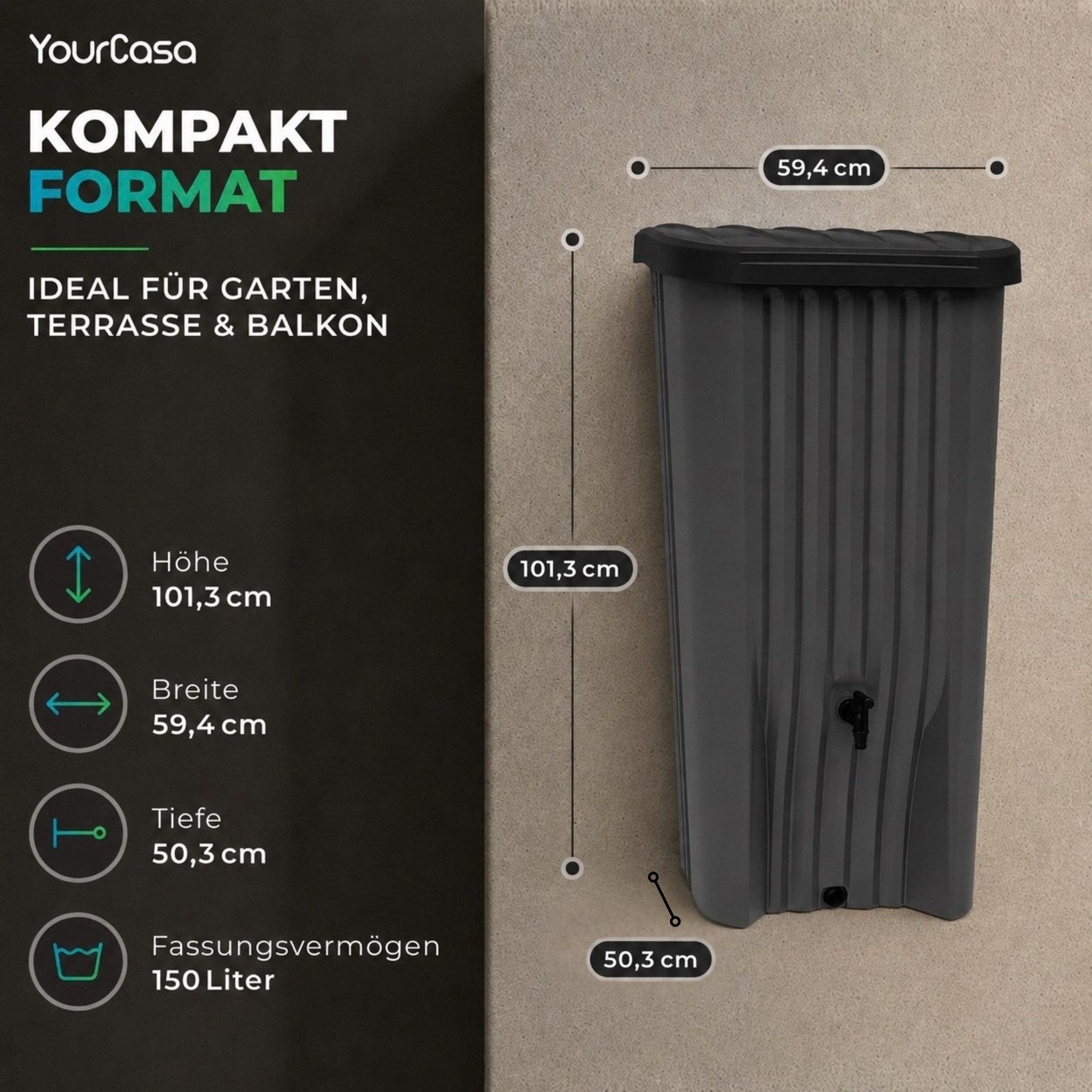 YourCasa Regentonne Cascade Regentonne 150 Liter anthrazit mit Hahn, 150 l, UV Beständig,Wetterfest,150L Fassungsvermögen