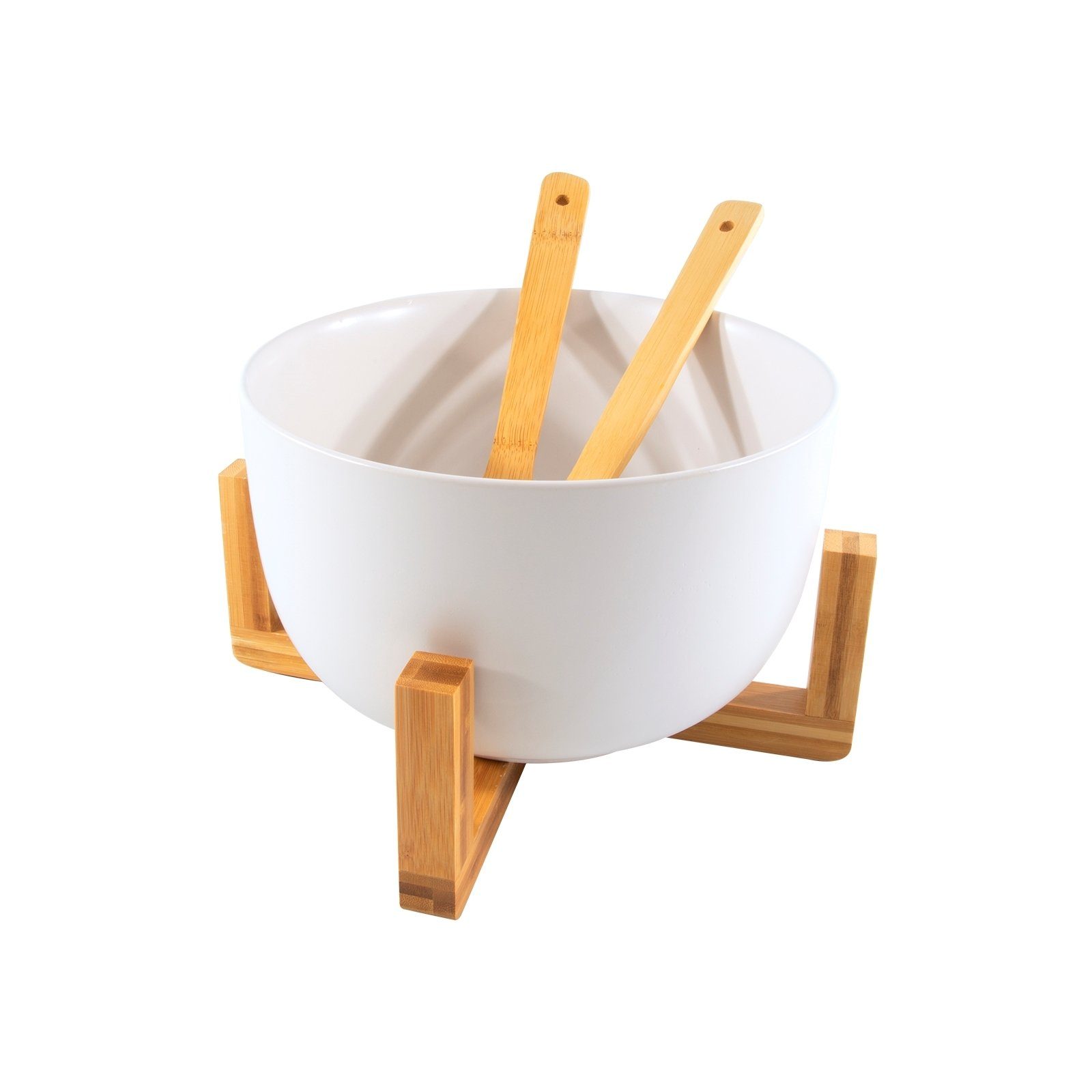 Neuetischkultur Salatschüssel Salatschüssel (4-tlg) Bambus, Keramik, mit Salatbesteck, Ständer Weiß mit