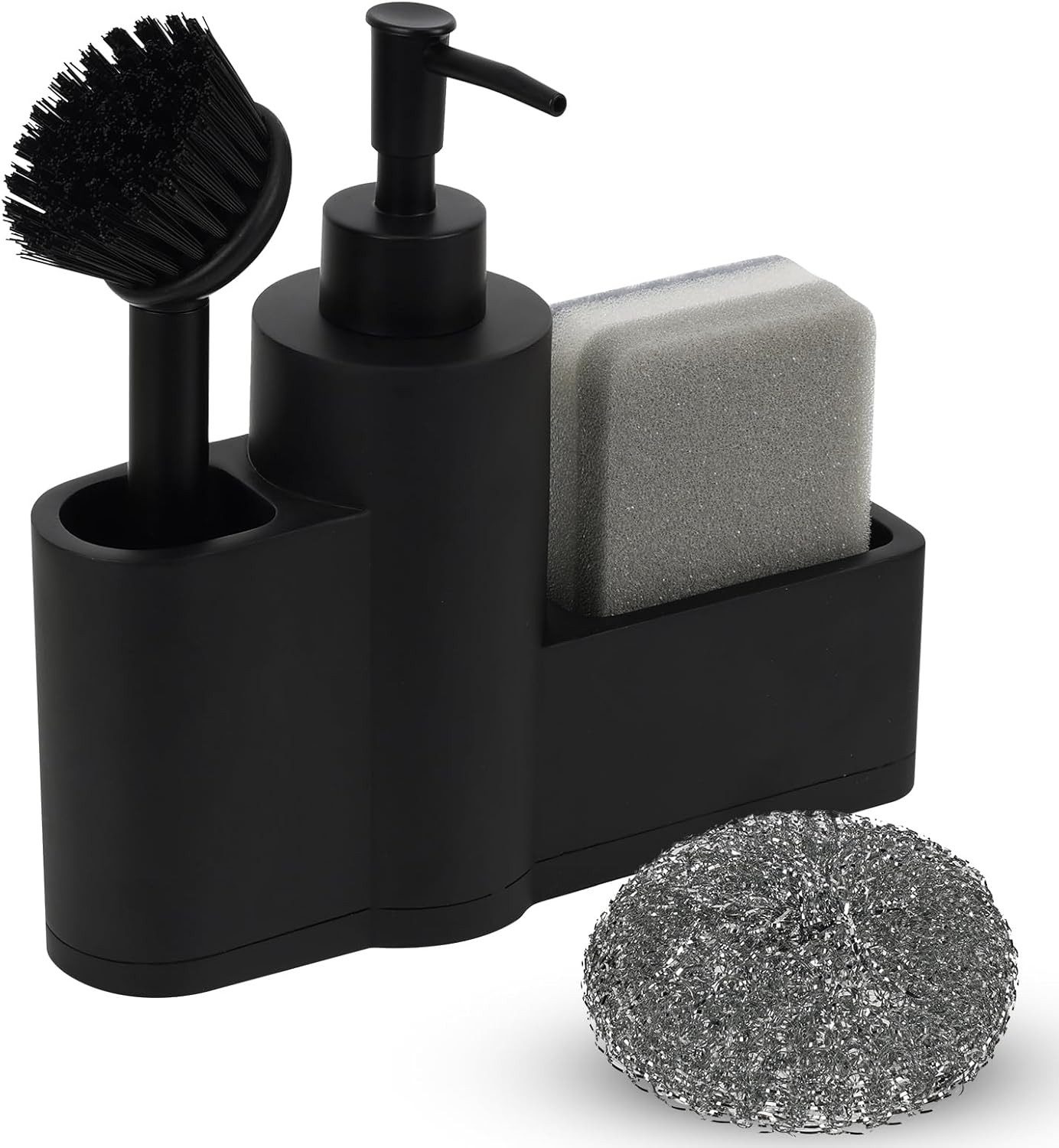 LA CUTE Küchenorganizer-Set Spülbecken Organizer Set mit Seifenspender und Schwammhalter, (Küchen Spülorganizer Set mit Seifenspender Schwammhalter Bürsten, 5-teiliges Spülbecken Organizer Set mit Seifenspender Schwamm Bürste), Spülorganizer Set mit Seifenspender Abflussfunktion Schwamm Bürste