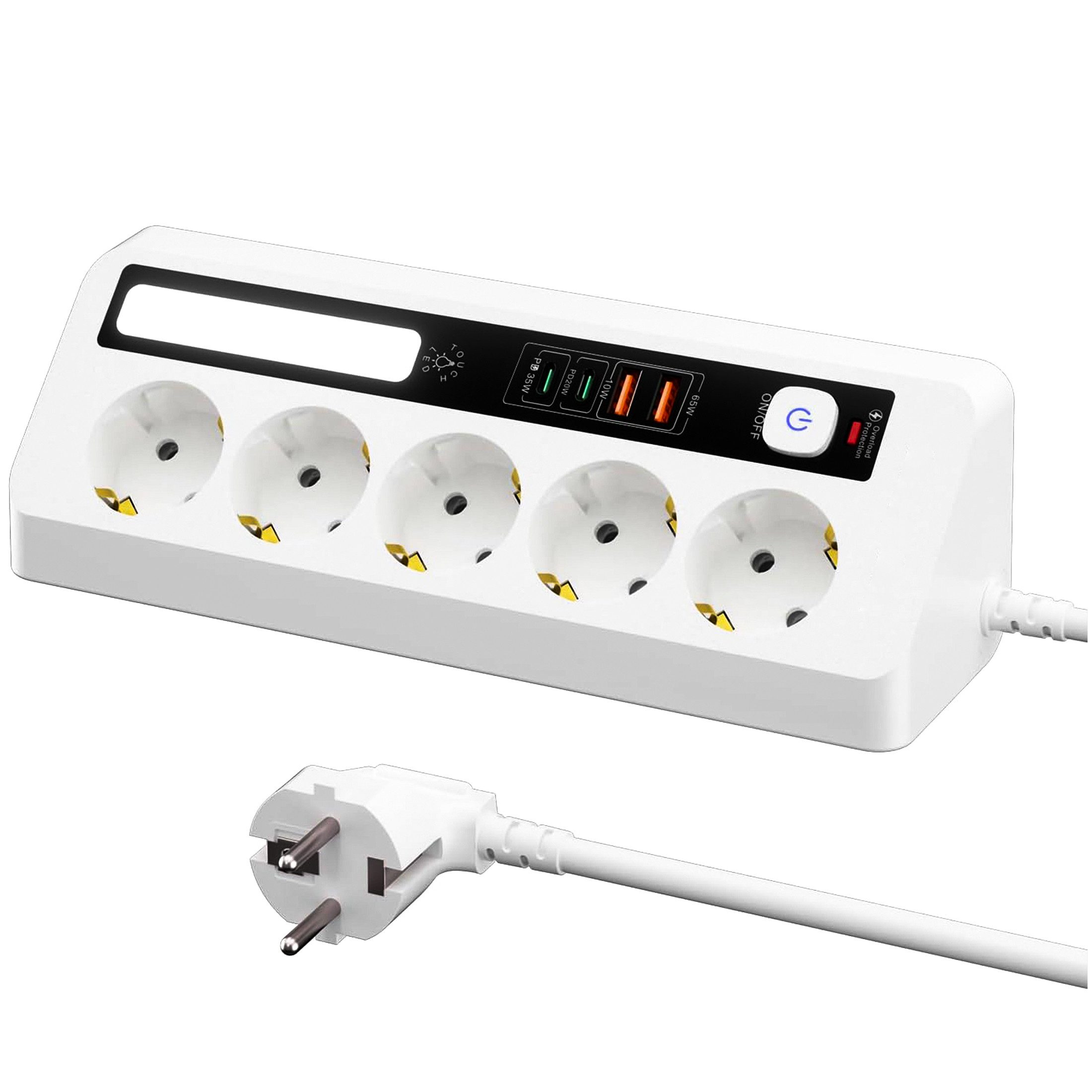 Luckice Tischsteckdosenleiste mit 5 Steckdosen,Eck-Steckdosenleiste Mehrfachsteckdose 9-fach (Ein-/Ausschalter, USB-Anschlüsse, 4 USB-Ports (PD 35 W & 20 W), LED-Statusanzeige, Schutzkontaktkupplung, Überspannungsschutz), 2 m Kabel, Ecksteckdose für Büro und Zuhause