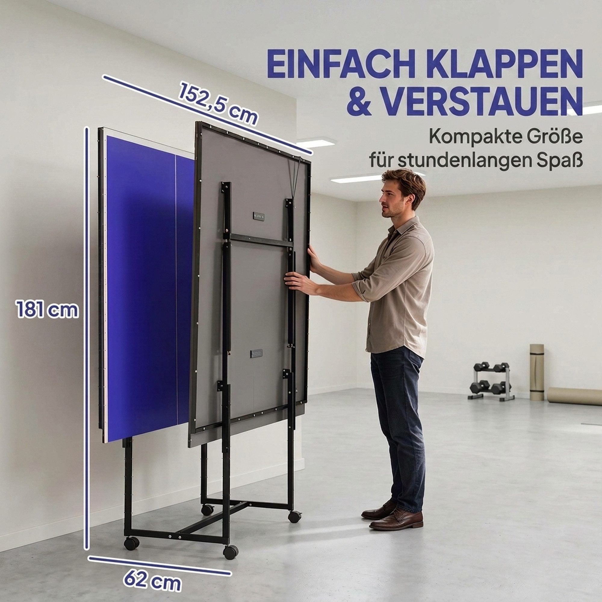 SPORTNOW Tischtennisplatte Klappbar, Indoor, mit Rollen, Stahl, Blau, 274 x 152,5 x 75,5 cm (Tischtennisspiel-Set, 1-tlg., Tischtennistisch), Das Netz ist im Li – Bild 5 von 5