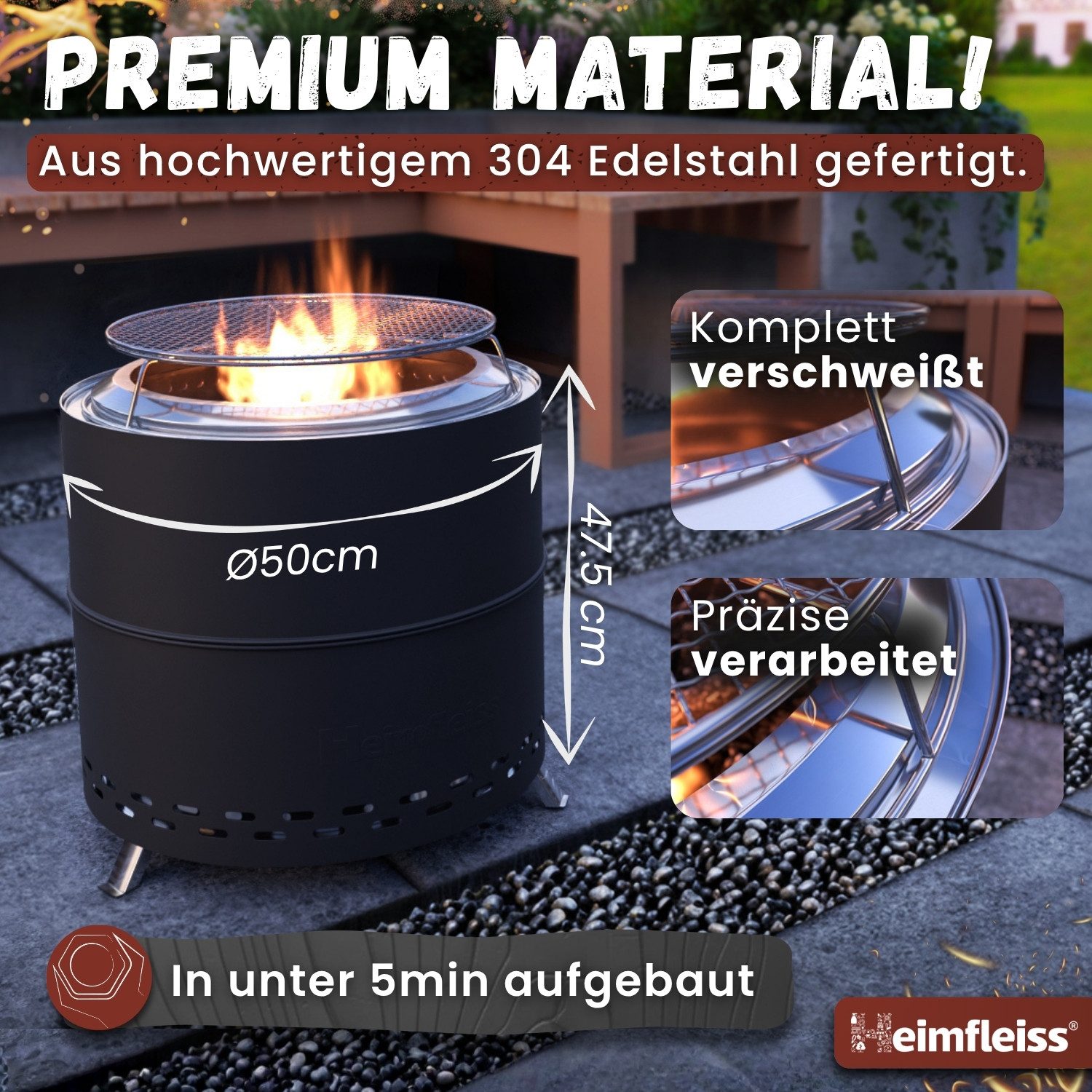 Heimfleiss® Feuerschale Feuerstelle Edelstahl 304 rauchreduziert Camping, (Komplettset mit Grillrost, 6-St., inkl. Topfhalter & Tragetasche), windgeschützt Ø 50 cm