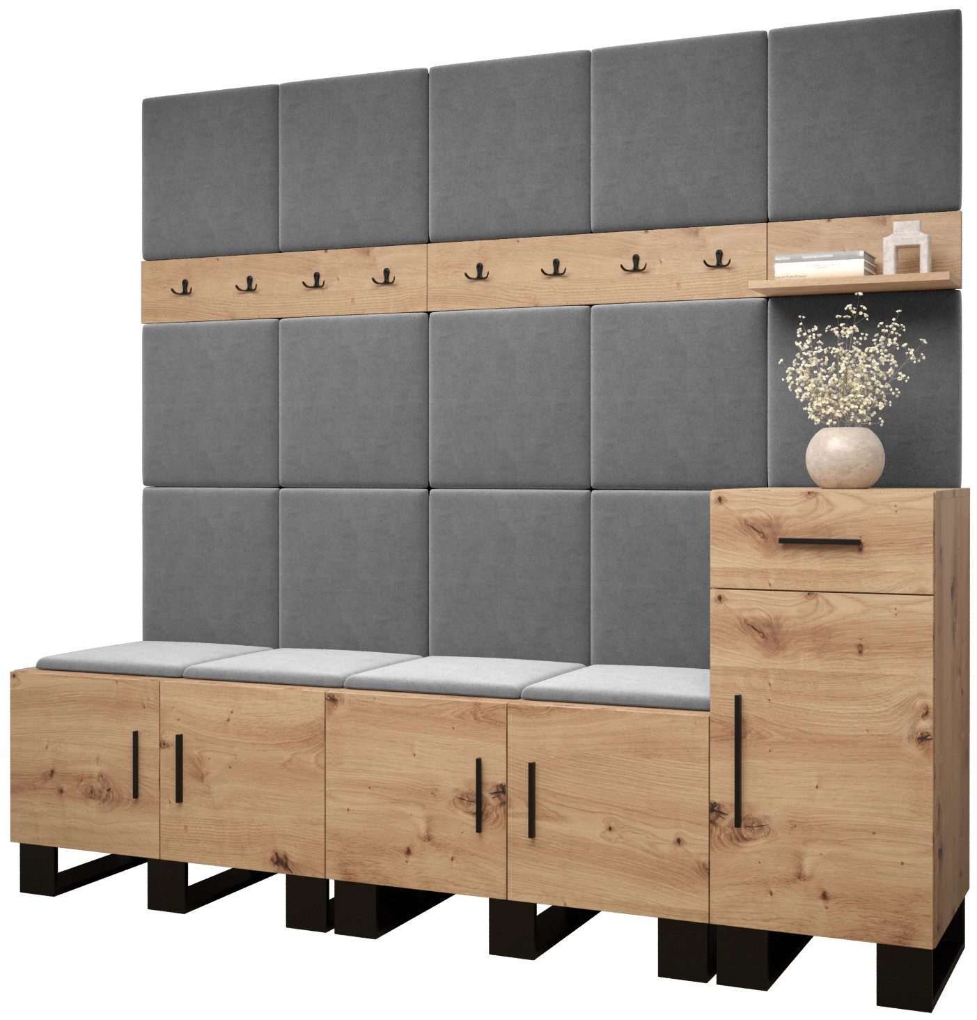 ABIKS MÖBEL Garderoben-Set ARTIN Set 8 Garderobe mit gepolsterten Paneelen, Industriell Design