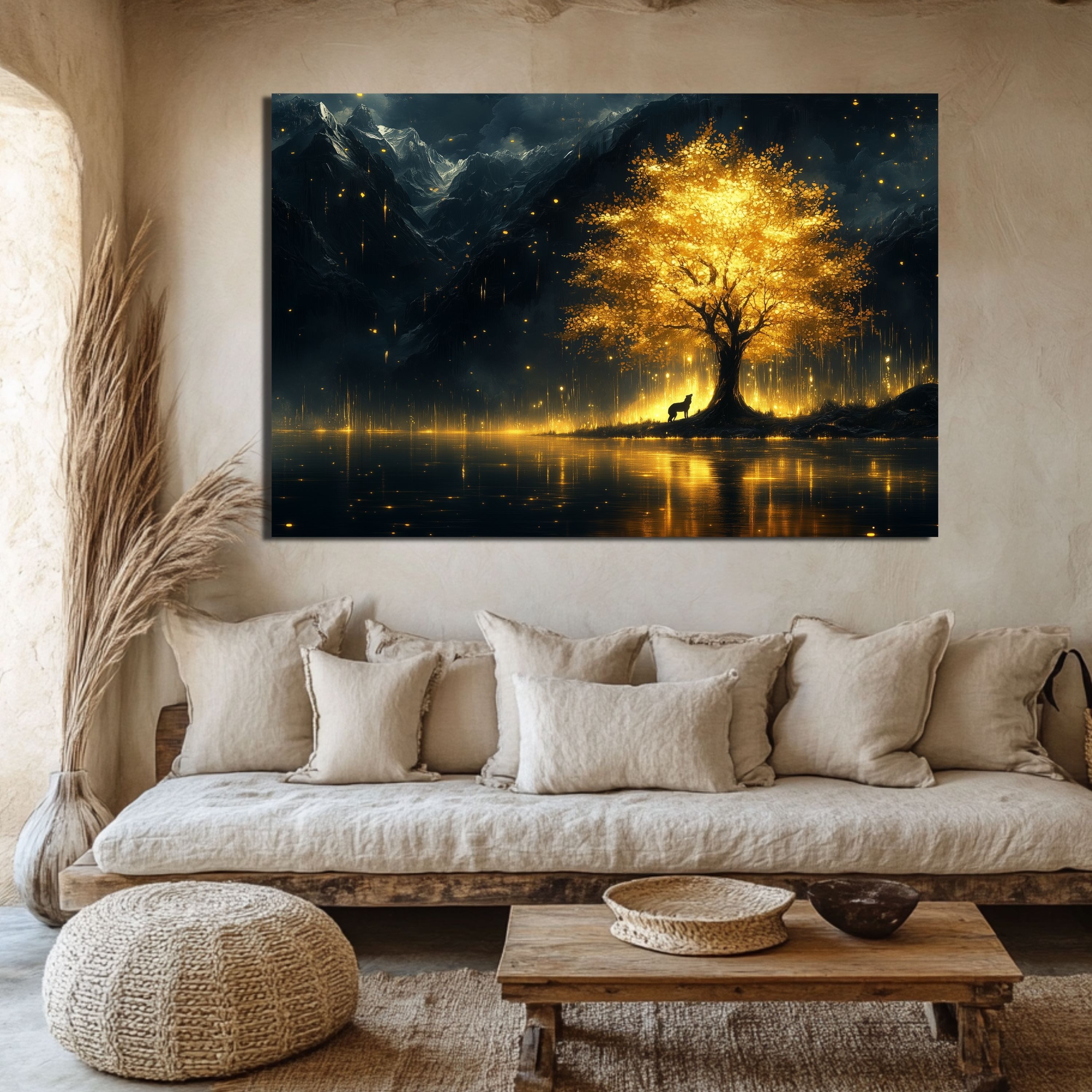 DARO Design Leinwandbild Modern Abstrakt Wandbilder XXL Wandbild Wand Deko Leinwand Bilder, (Wolf am goldenen Baum - Bild groß Wohnzimmer Esszimmer Schlafzimmer – Bild 3 von 5