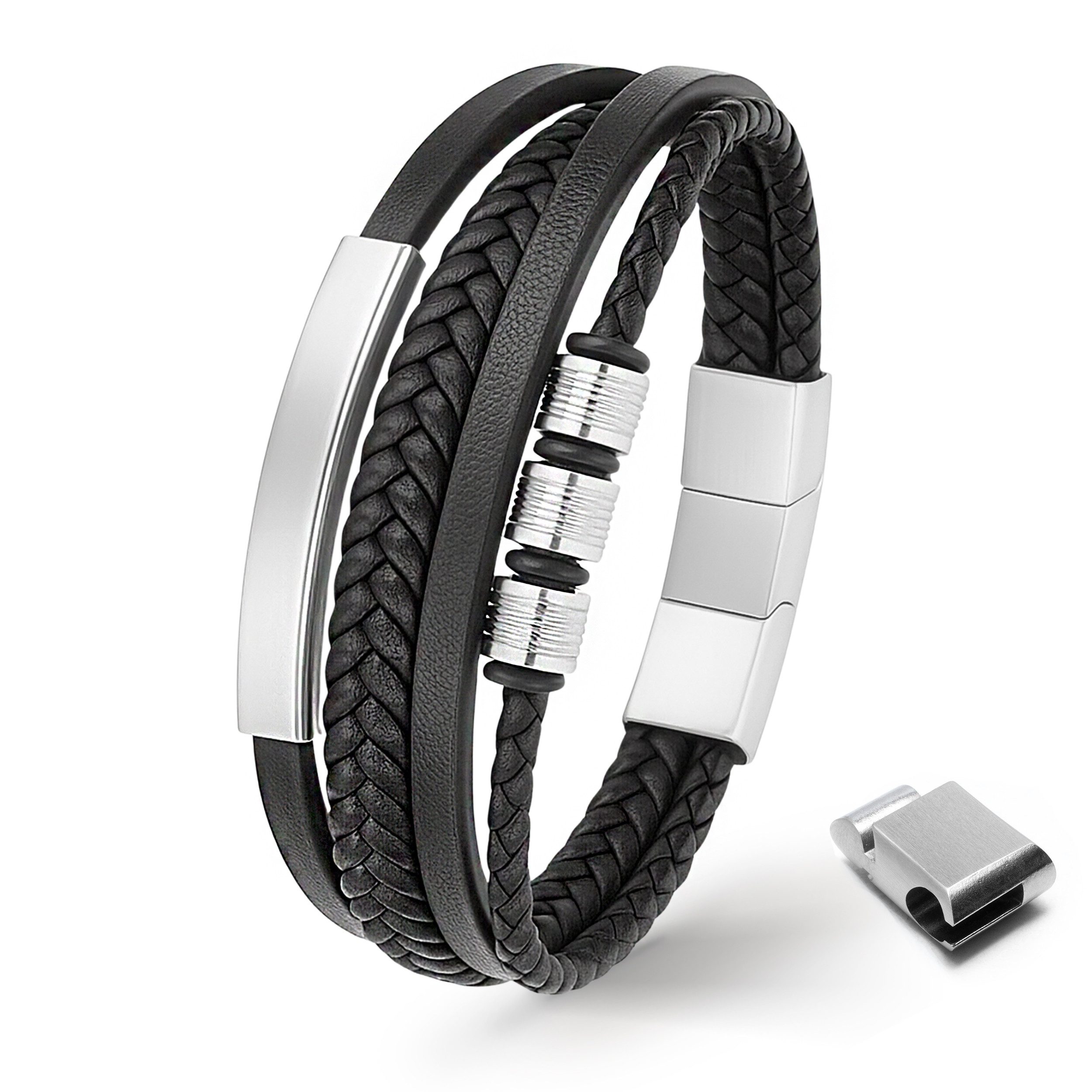 UNIQAL.de Lederarmband Herren "SHAPE" handgefertigt, geflochten, verstellbar (Klassisch, casual, elegant), aus Rindsleder, Edelstahl-Magnetverschluss mit Verlängerungsglied