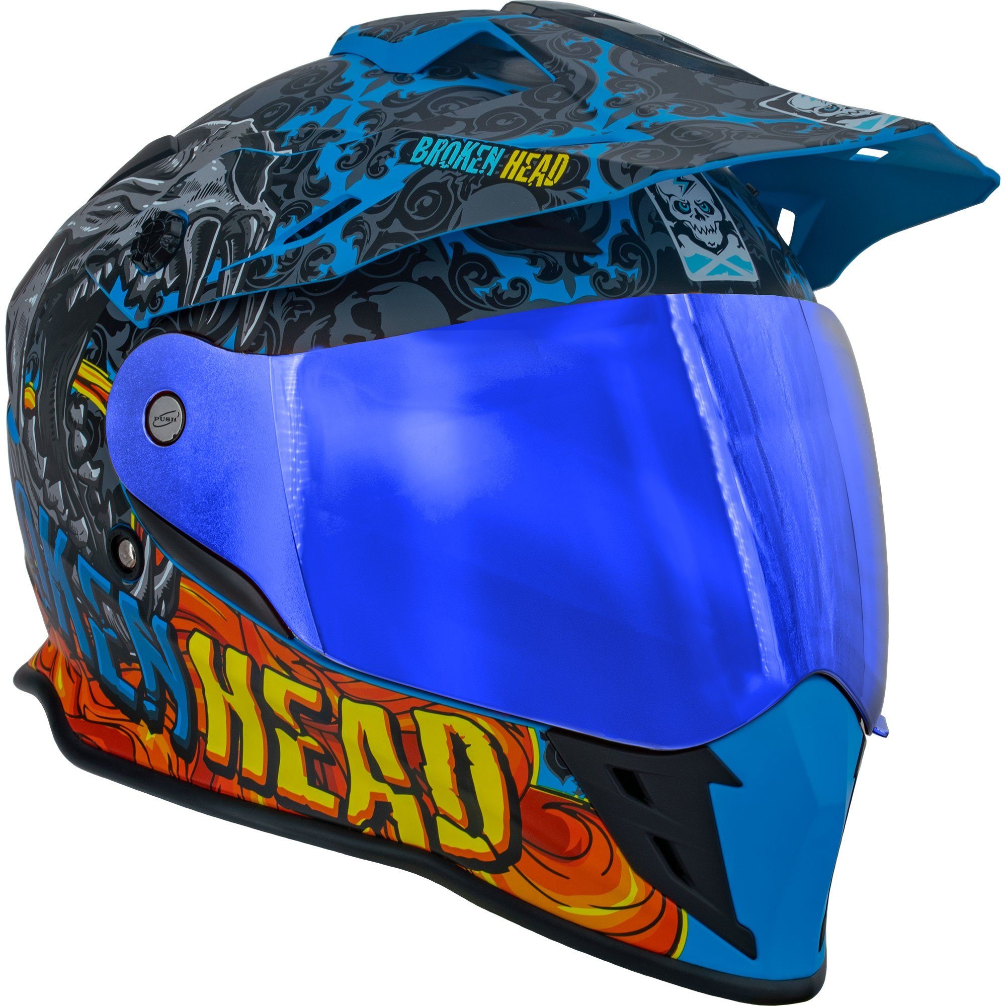 Broken Head Motorradhelm Broken Head Tigris VX2 Endurohelm + Blau Verspiegeltes Visier (MIRROR SET, inklusive blauem verspiegelten und klarem Visier), integrierte Sonnenblende