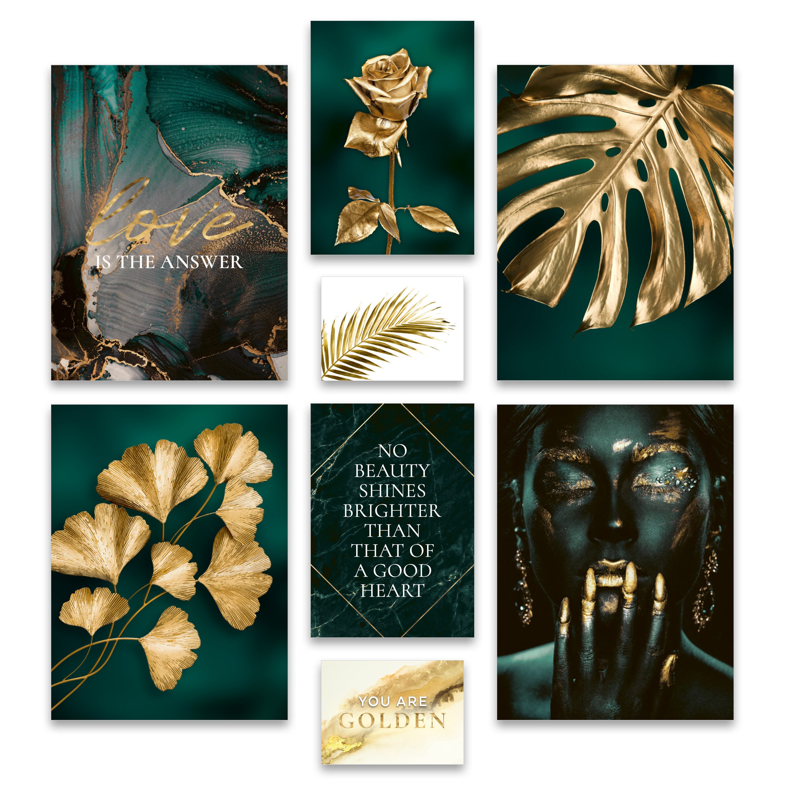 Bilder-Collage Poster Set - GOLDEN LEAVES I Pflanzen Monstera Petrol Gold I Deko