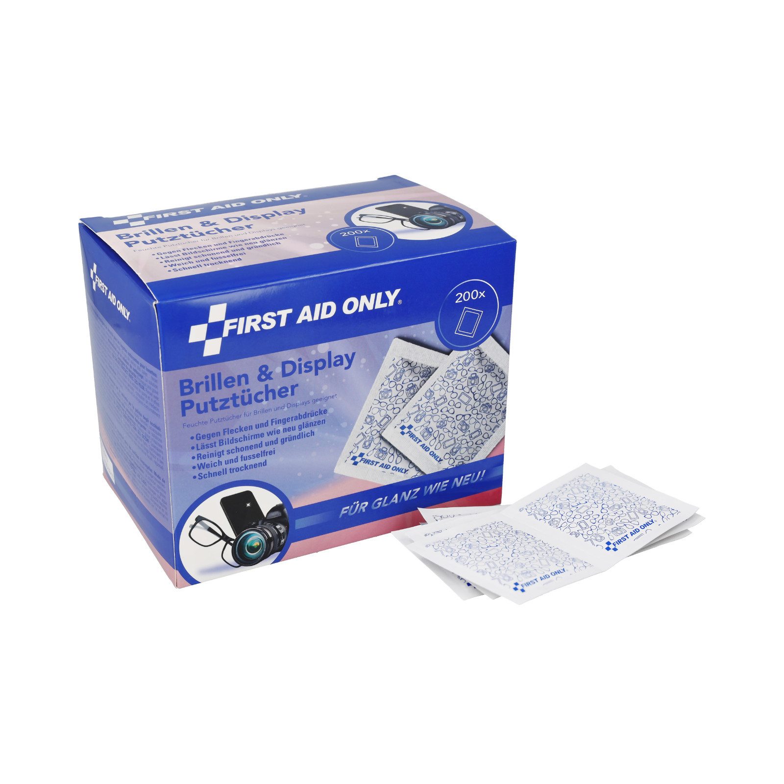 FIRST AID ONLY® Brillenputztücher 200 Stück, feuchte Reinigungstücher, fusselfrei Reinigungstuch (einzeln verpackt und fusselfrei)