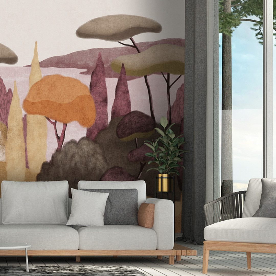 Rasch Fototapete Lago di Como in Lila, Roomblush - RB457 - 2,85m x 2,00m, glatt, illustrativ, pastellig, Naturmotive, gemalt, Vintage, (1 St), Toskana