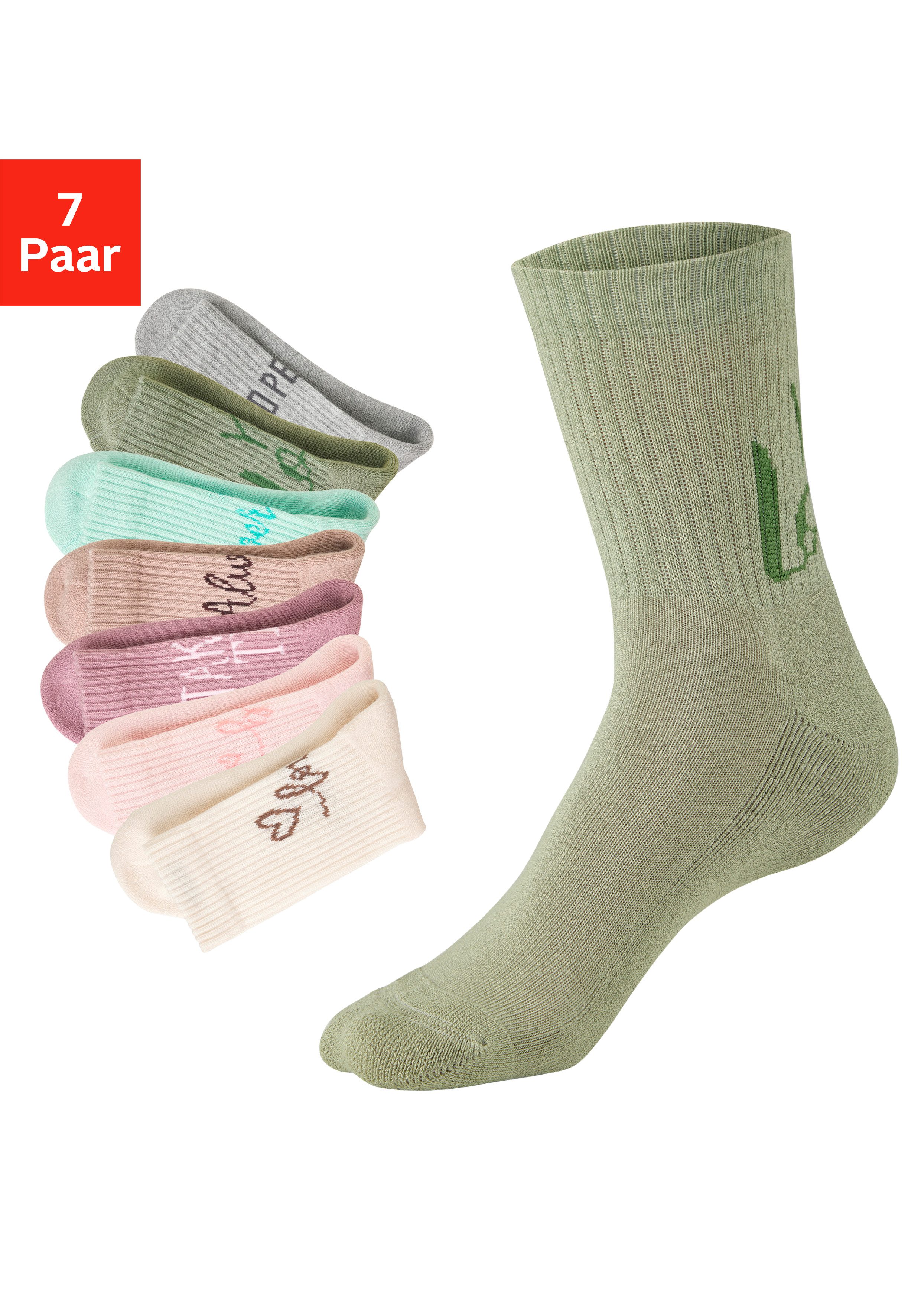 H.I.S Tennissocken Damen Sportsocken daily socks (Packung, 7-Paar, Gr.35-38 bis 39-42) mit Fußfrottee und ansprechenden Schriftzügen