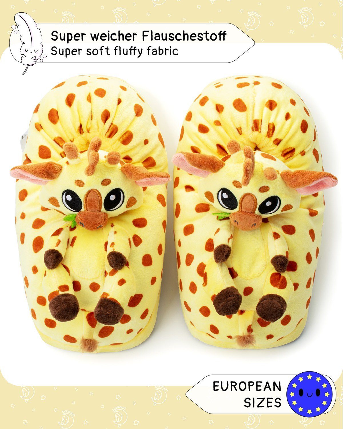 Corimori Süße Giraffen Slipper für Kinder und Erwachsene Plüsch Hausschuhe (Packung, Geschenk) super weiche Puschen, Tierhausschuhe, EU Einheitsgröße 34-44