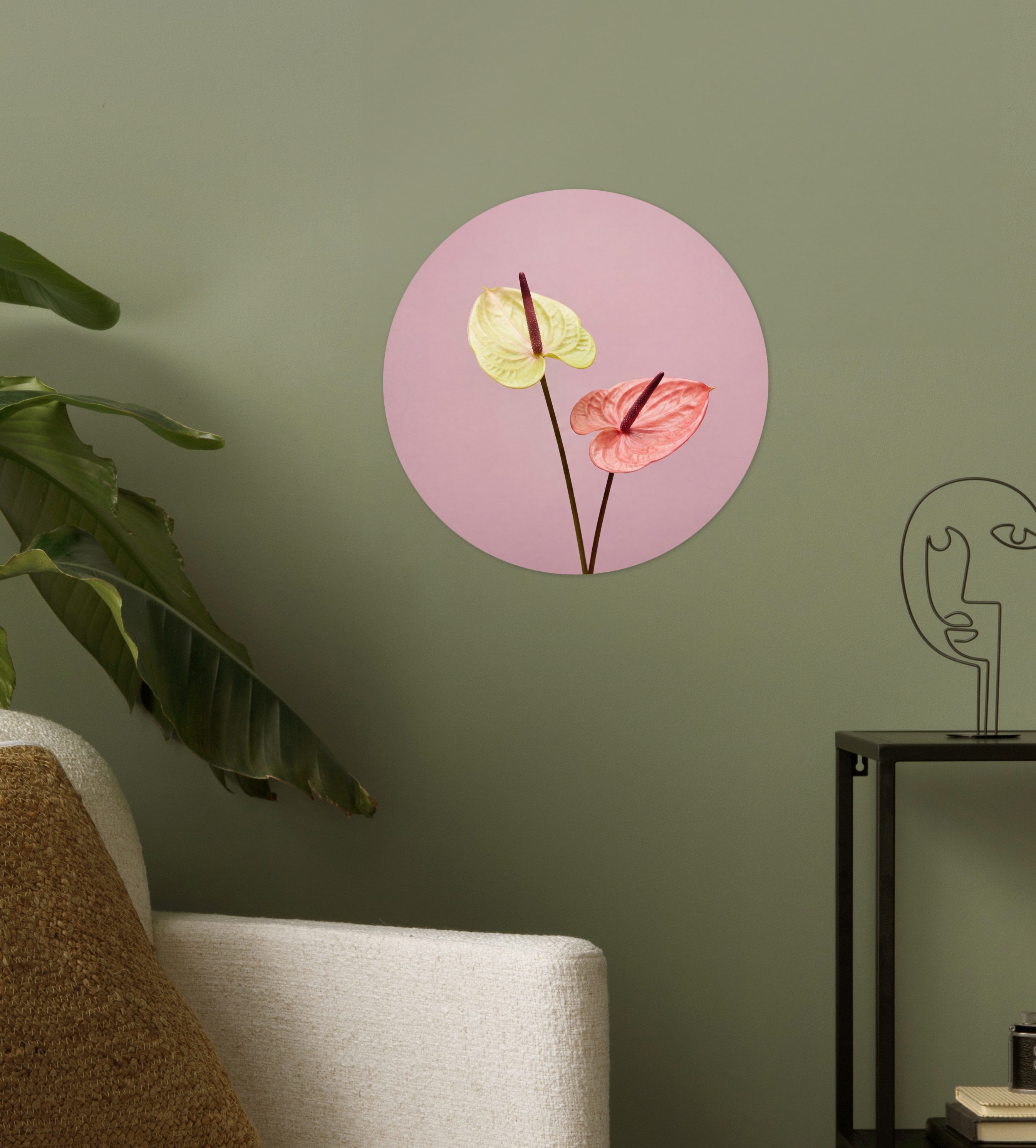 MuchoWow Wandsticker Blumen - Anthurien - Gelb - Rosa (1 St), Wandtattoo Selbstklebend, Wohnzimmer Deko Aufkleber, 30x30 cm