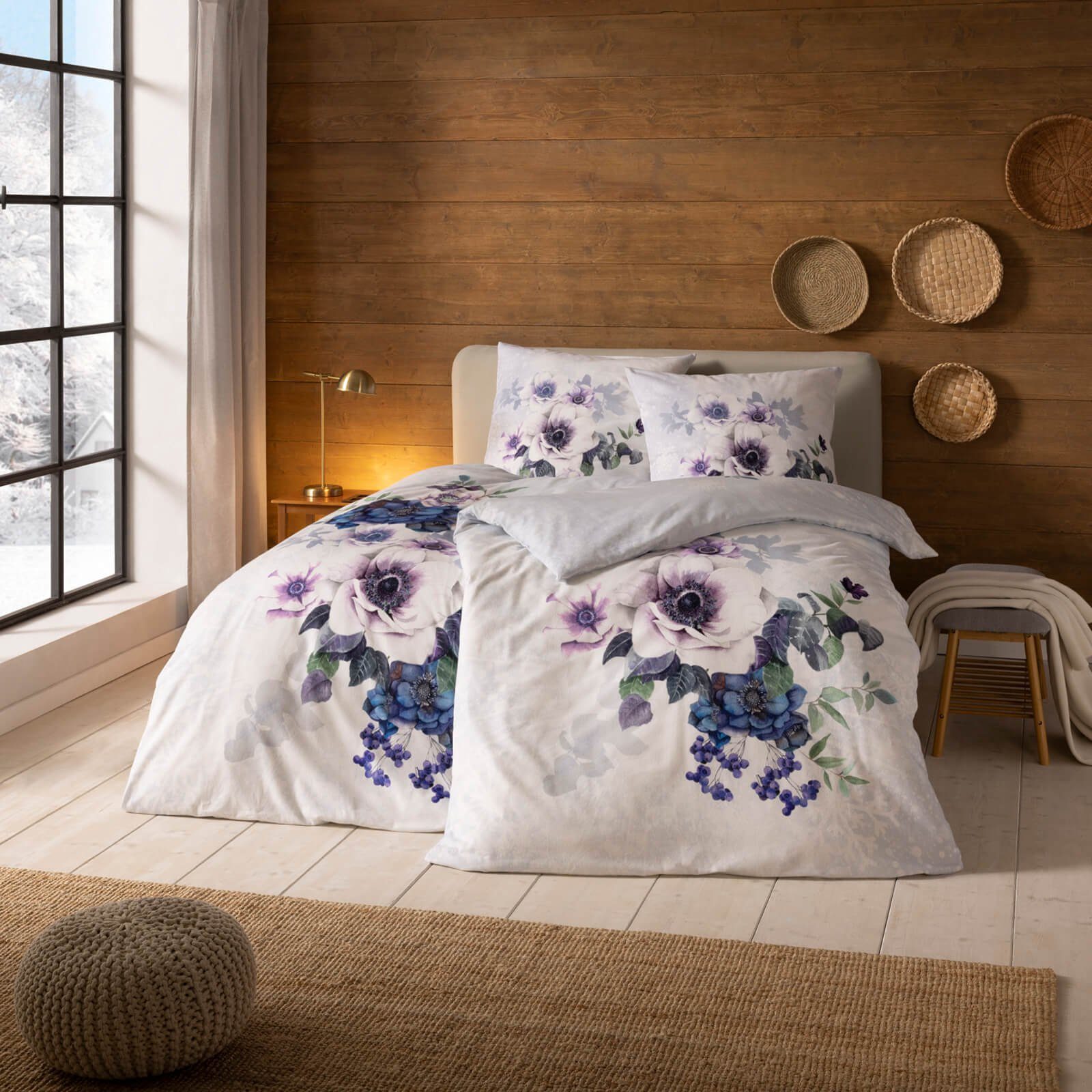 Estella Bettwäsche Snowflower 4446 101 Schnee Kuschelflanell, Flanell, 2 teilig, Blumen, Blätter, Eiskristalle